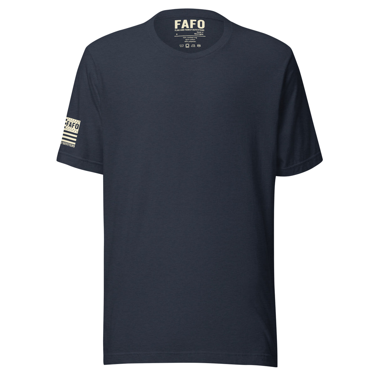 Front of heather navy Timberline Flag T-Shirt with a clean, understated chest — patriotic shirts for men fafo apparel