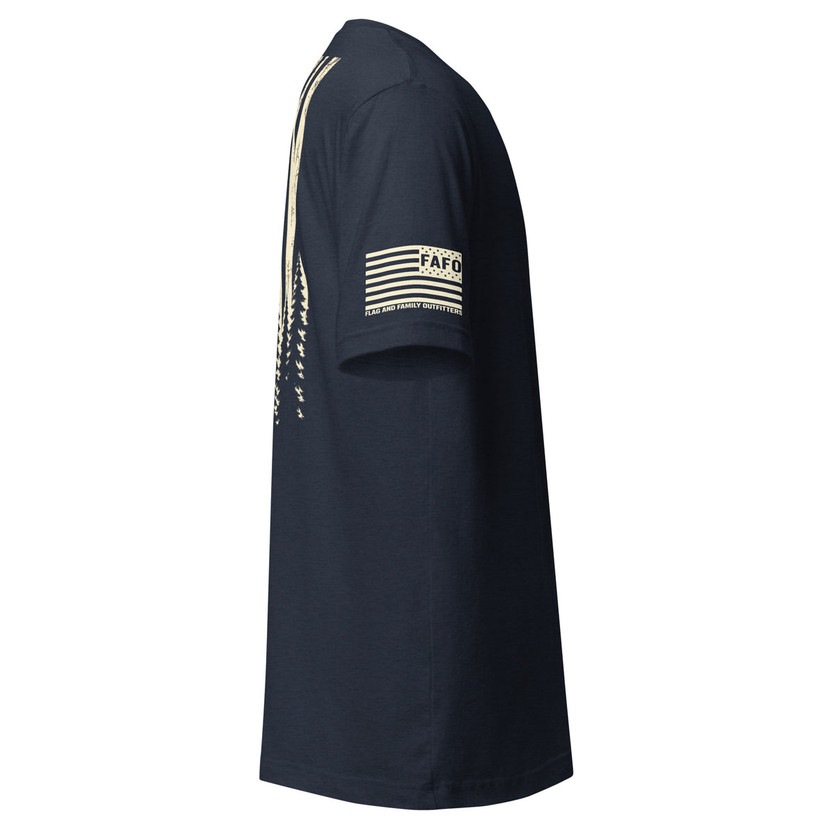 Right side view of heather navy Timberline Flag T-Shirt — hiking shirt men flag and family outfitters