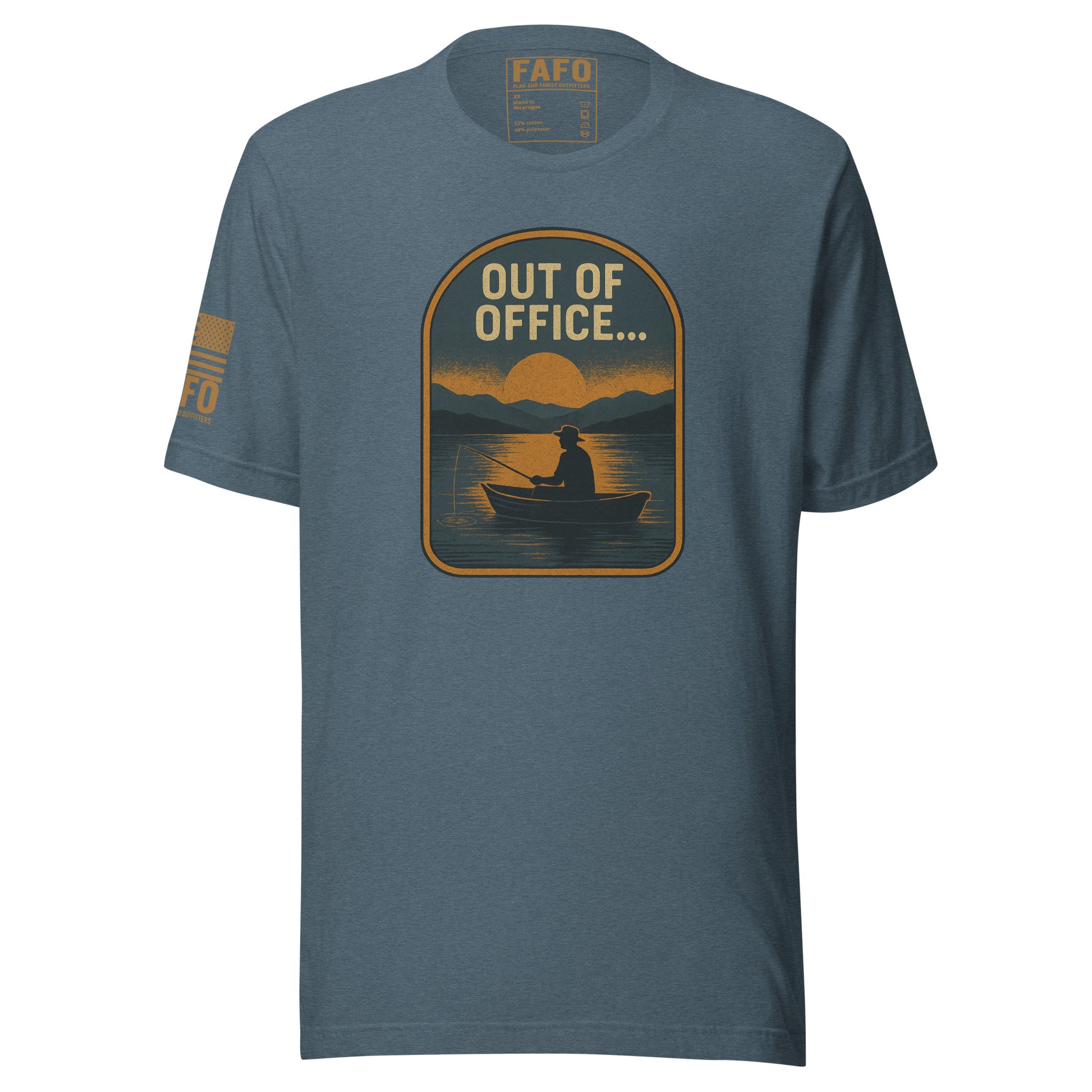 Funny fishing FAFO t shirt in heather slate — Out Of Office vintage badge graphic FAFO shirts outdoor apparel