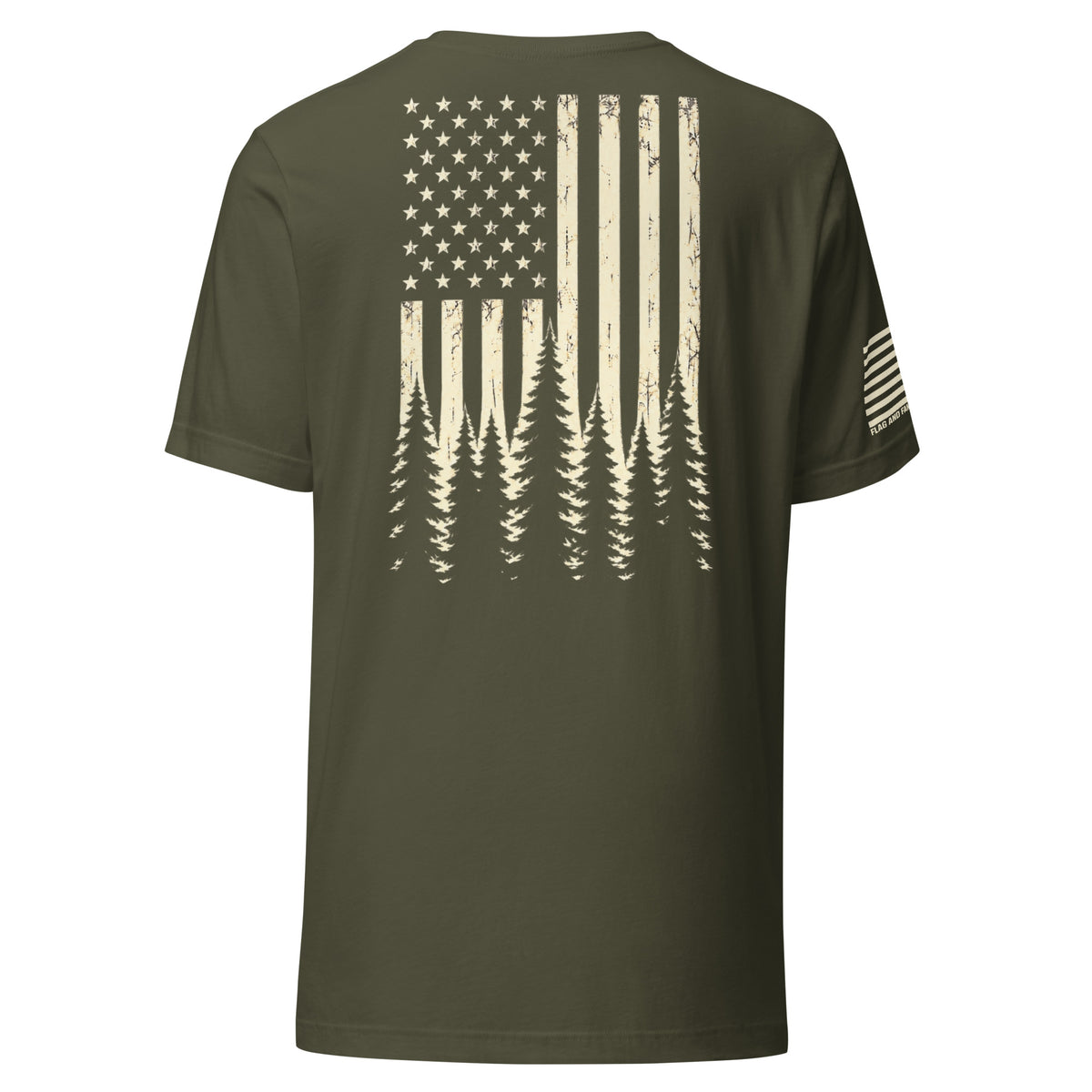 Back of military green Timberline Flag T-Shirt with a distressed American flag fading into a pine forest — fafo t shirts hiking shirt men