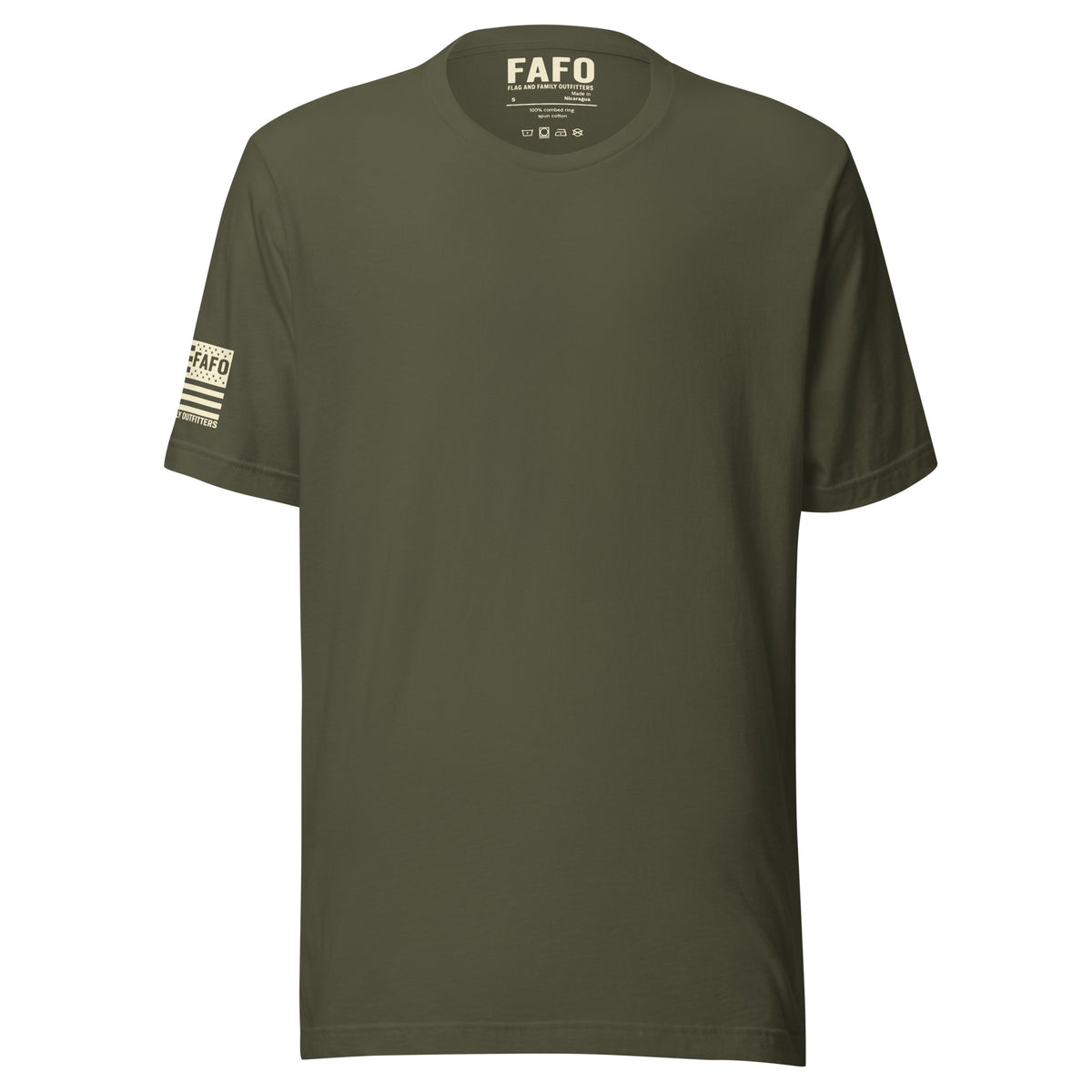 Front of military green Timberline Flag T-Shirt with a clean, understated chest — patriotic shirts for men fafo apparel