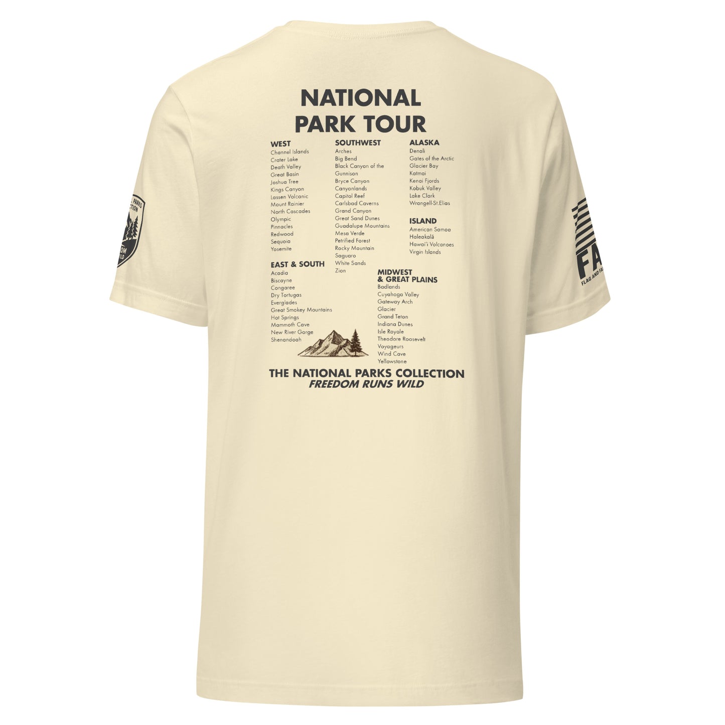 Back of natural FAFO national parks shirt — full 63 park tour list by region hiking shirt men outdoor graphic tee