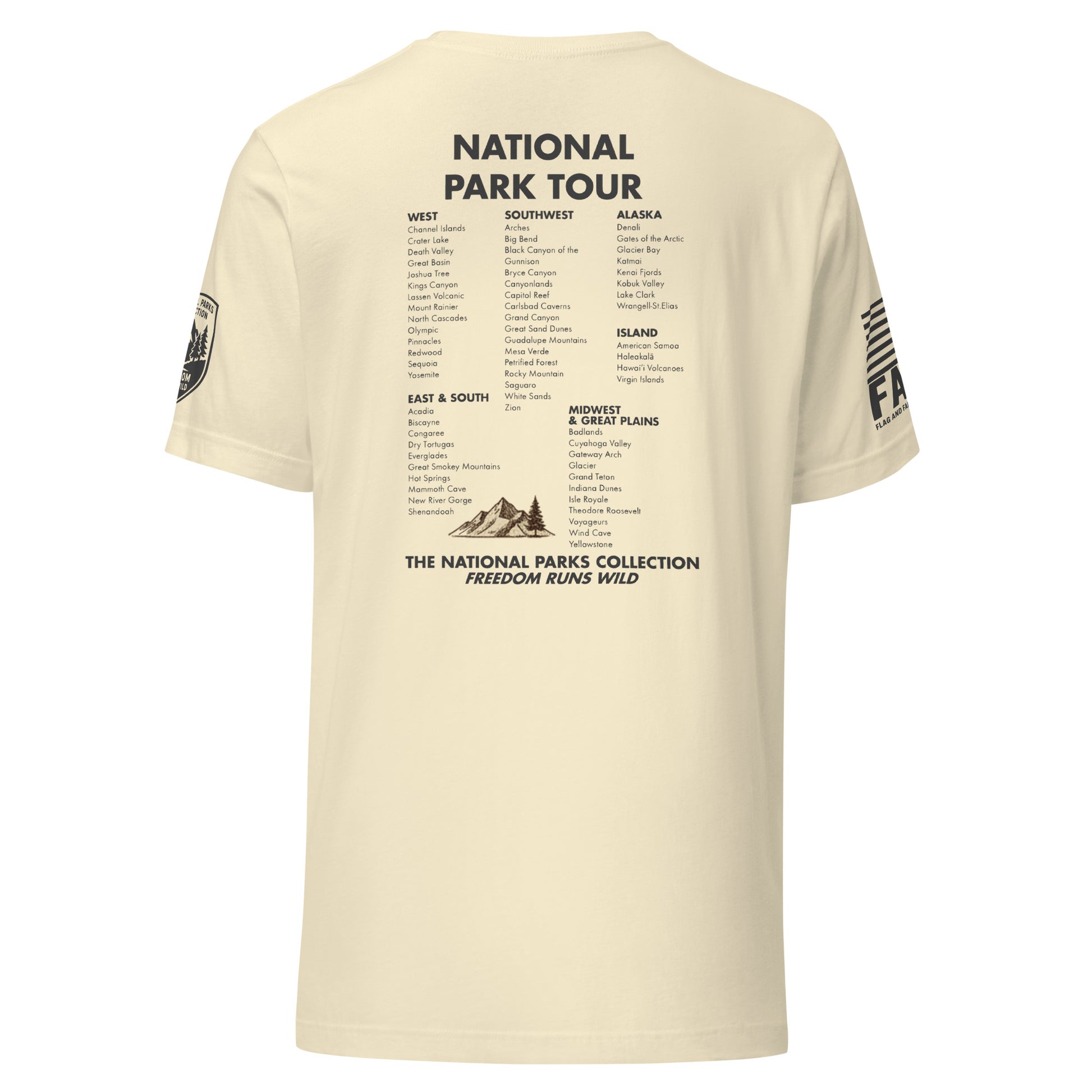 Back of natural FAFO national parks shirt — full 63 park tour list by region hiking shirt men outdoor graphic tee