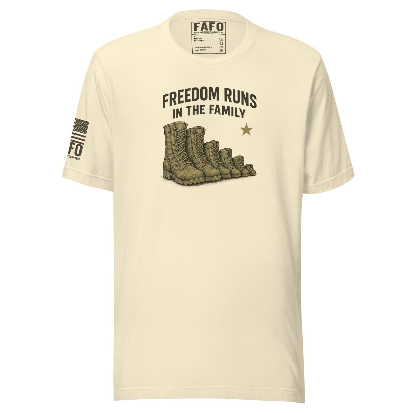 Patriotic military family FAFO t shirt in natural — Freedom Runs In The Family boots graphic FAFO shirts veteran apparel