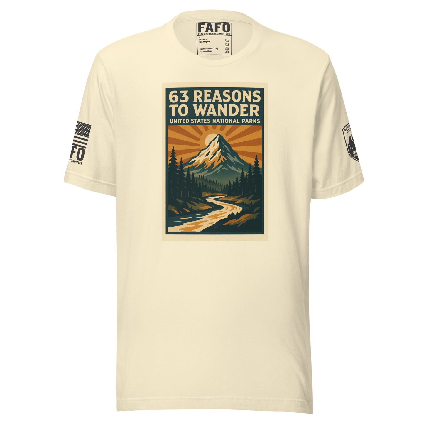 National parks FAFO t shirt in natural — 63 Reasons To Wander vintage poster graphic FAFO shirts hiking shirt men