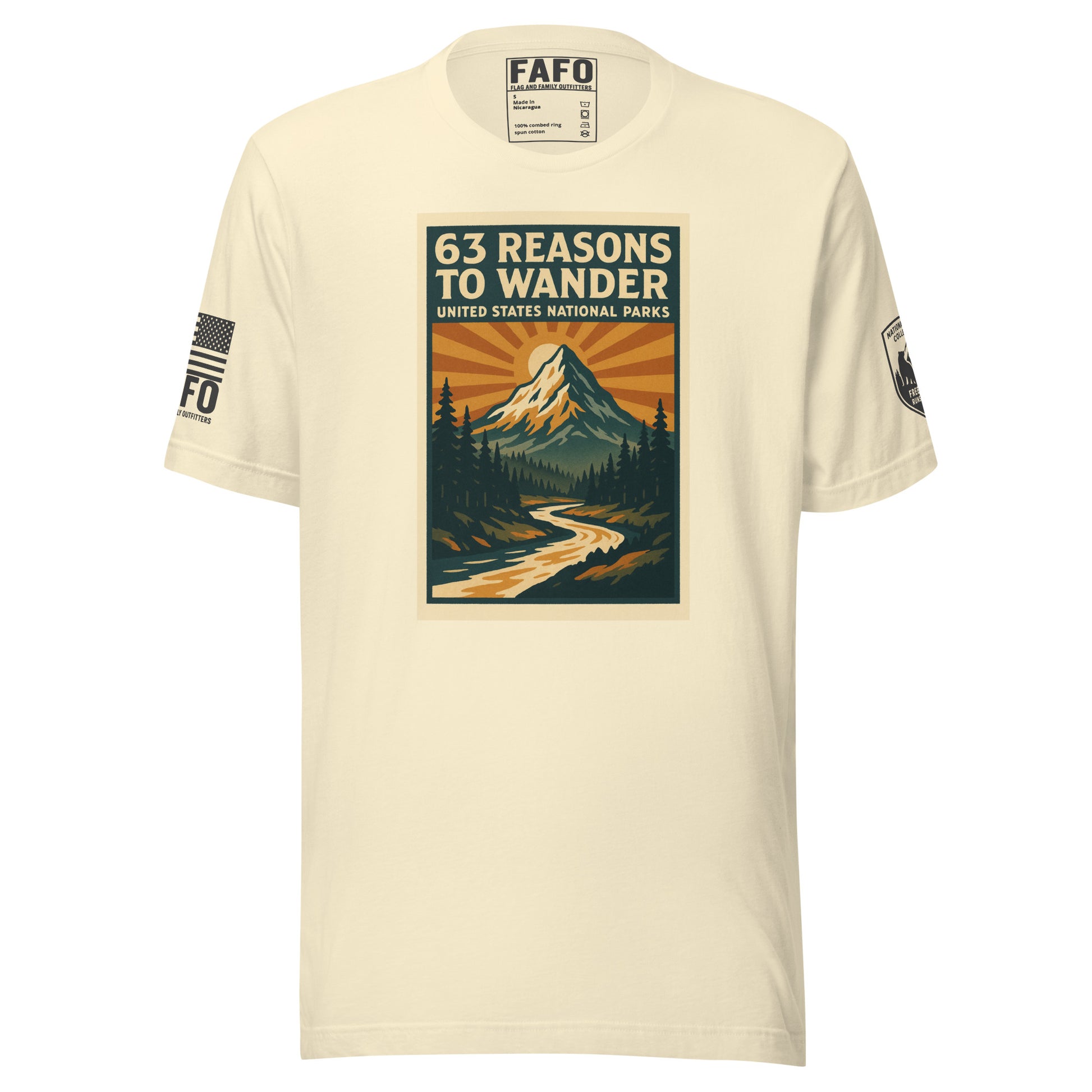 National parks FAFO t shirt in natural — 63 Reasons To Wander vintage poster graphic FAFO shirts hiking shirt men