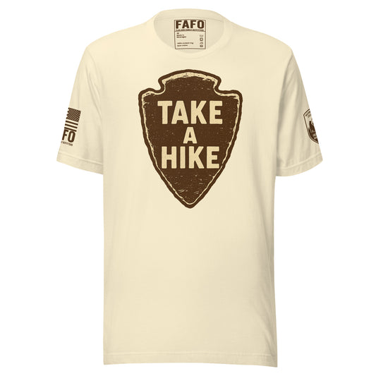 Take A Hike tee in natural with arrowhead graphic — patriotic outdoor graphic tee fafo t shirts flag and family outfitters