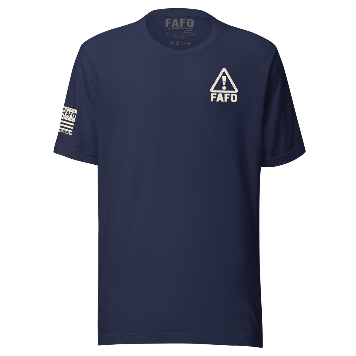 Warning FAFO tee with industrial warning-label back graphic, FAFO chest emblem and Flag And Family Outfitters sleeve branding.