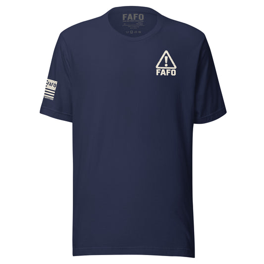 Warning FAFO tee with industrial warning-label back graphic, FAFO chest emblem and Flag And Family Outfitters sleeve branding.