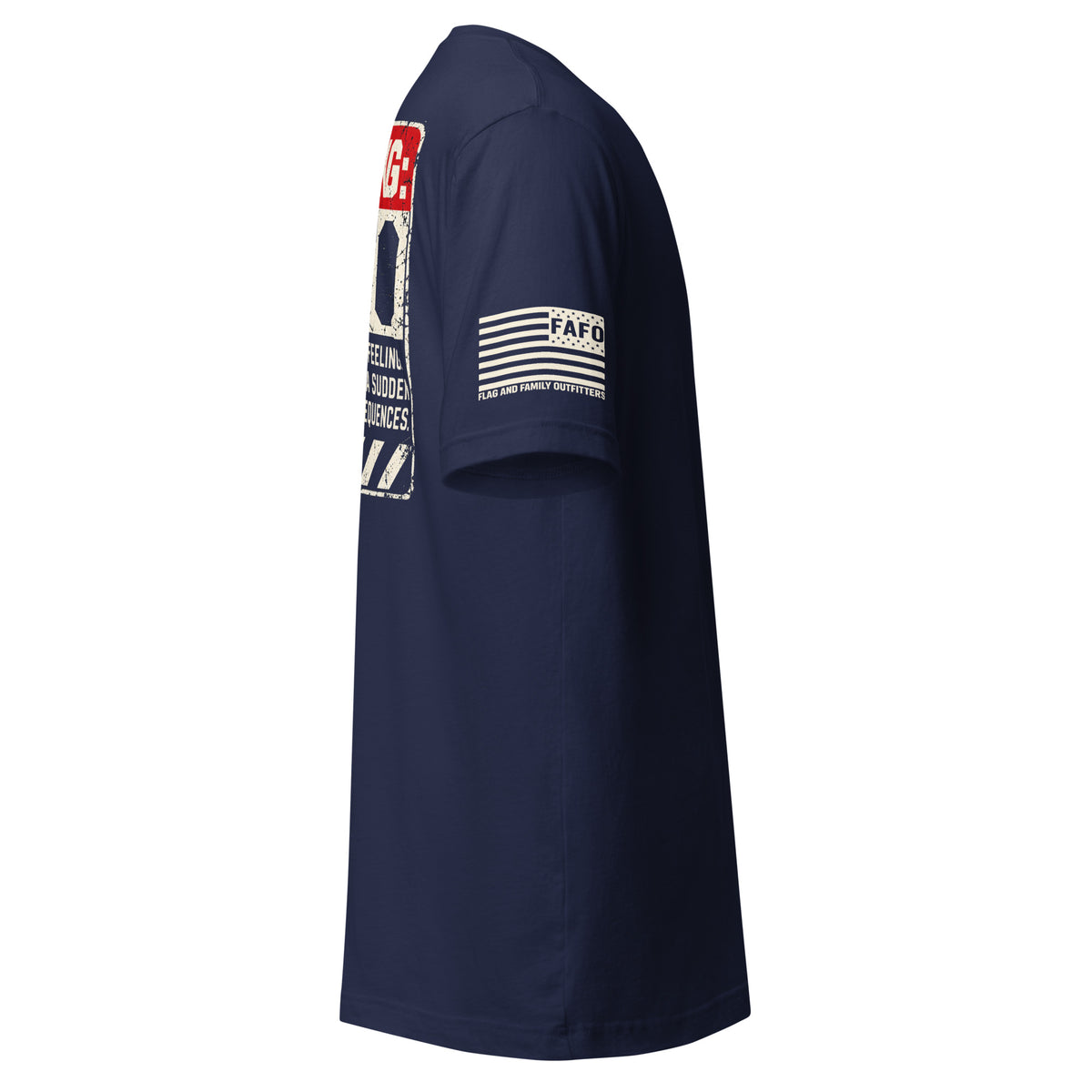 Warning FAFO tee with industrial warning-label back graphic, FAFO chest emblem and Flag And Family Outfitters sleeve branding.