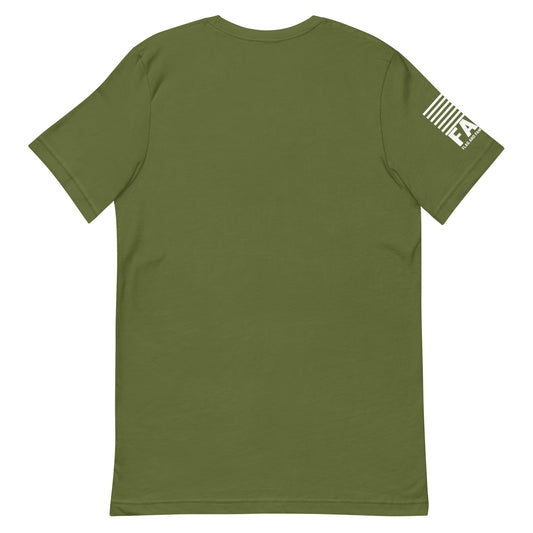 Back of olive FAFO basic tee — everyday FAFO apparel patriotic clothing for men