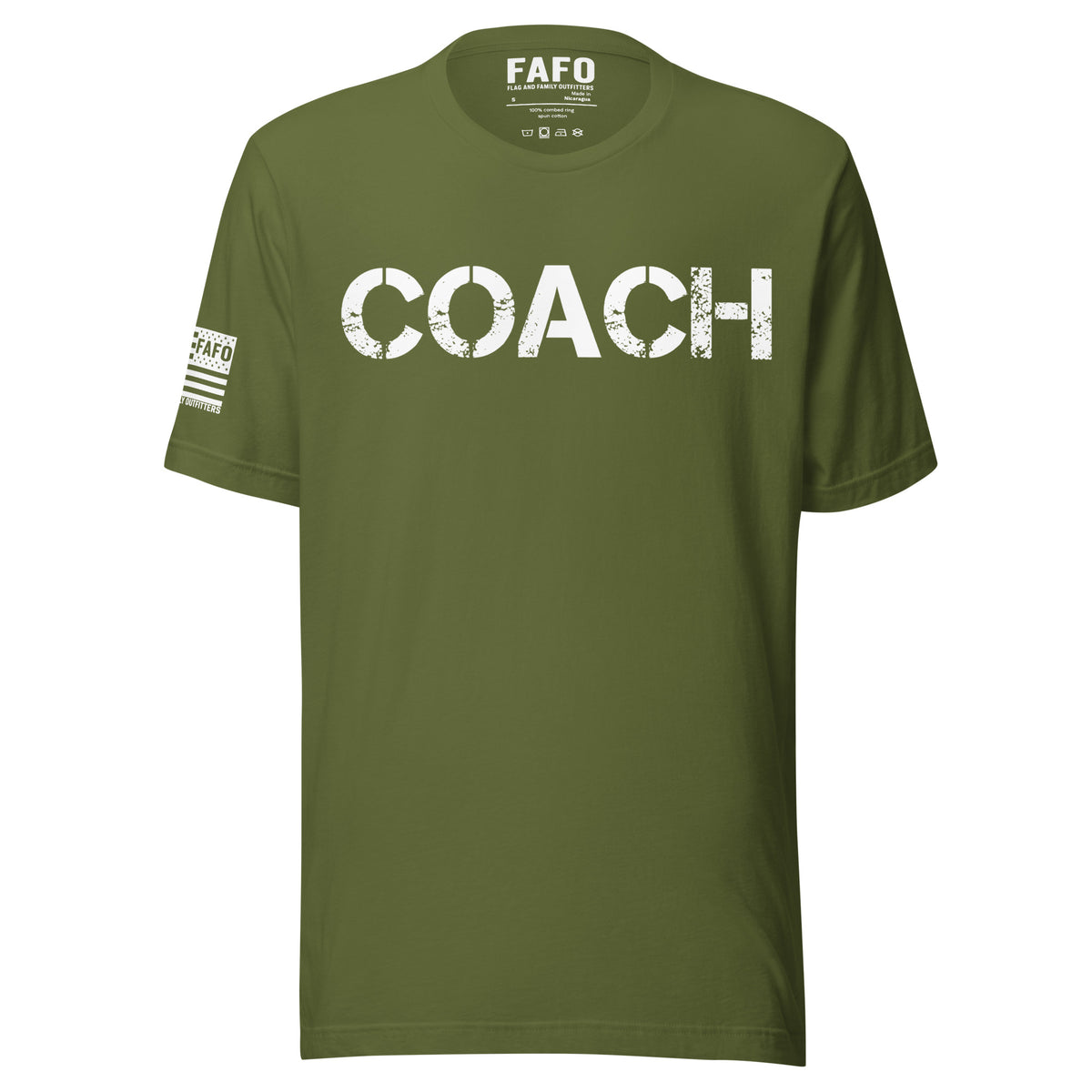 Coach Defined T-Shirt in olive — distressed COACH chest graphic funny coach shirt fafo t shirts flag and family outfitters