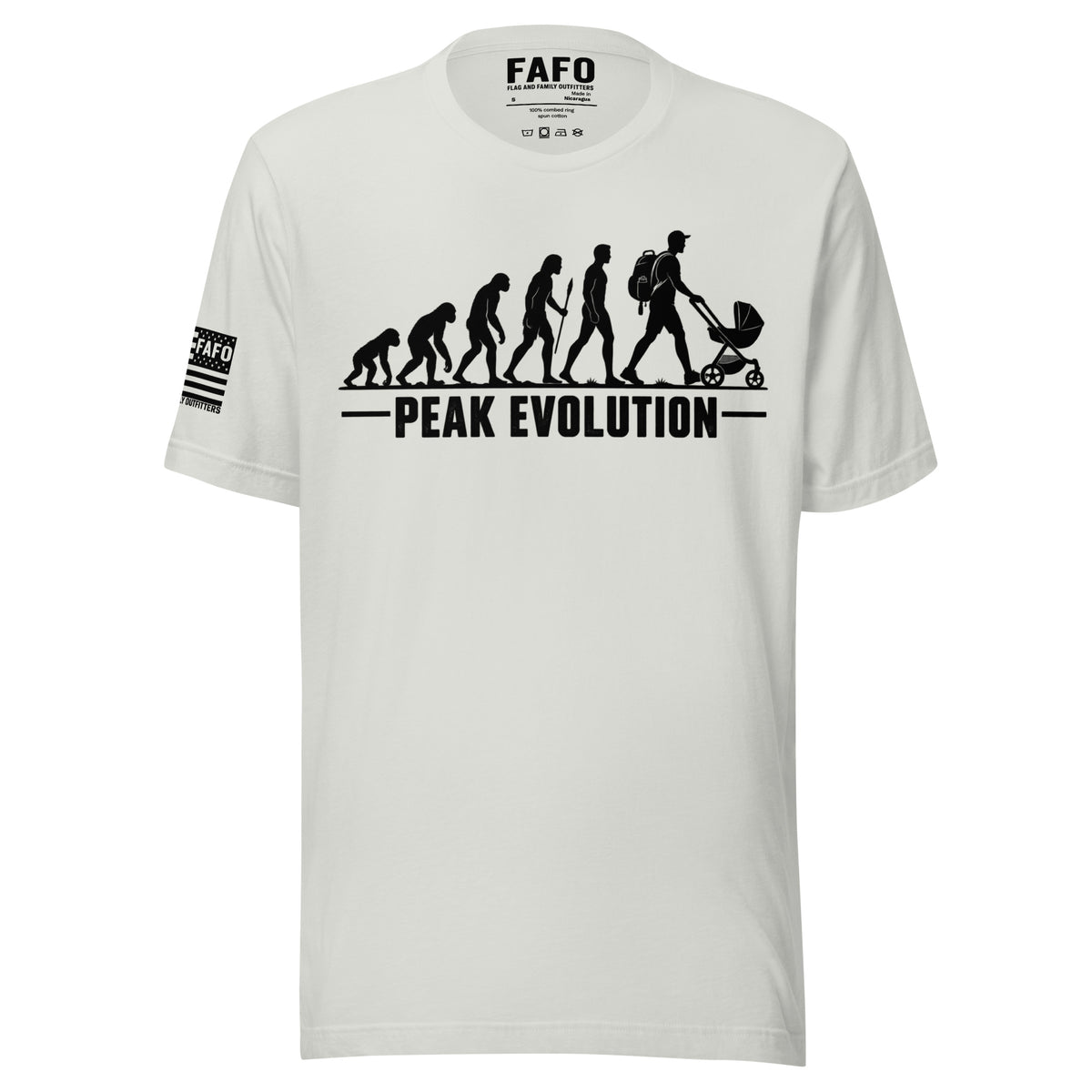 Silver Peak Evolution Tee with evolution silhouettes ending in a dad carrying a backpack and pushing a stroller — funny dad shirt FAFO t shirts Flag And Family Outfitters