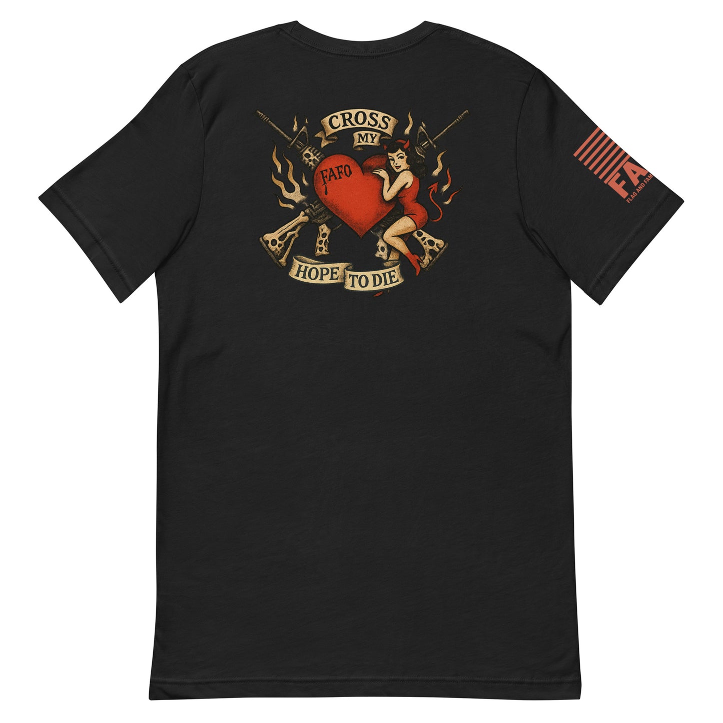 Back of vintage black FAFO shirt — Cross My Heart crossed rifles flames devil girl — FAFO apparel patriotic t shirts