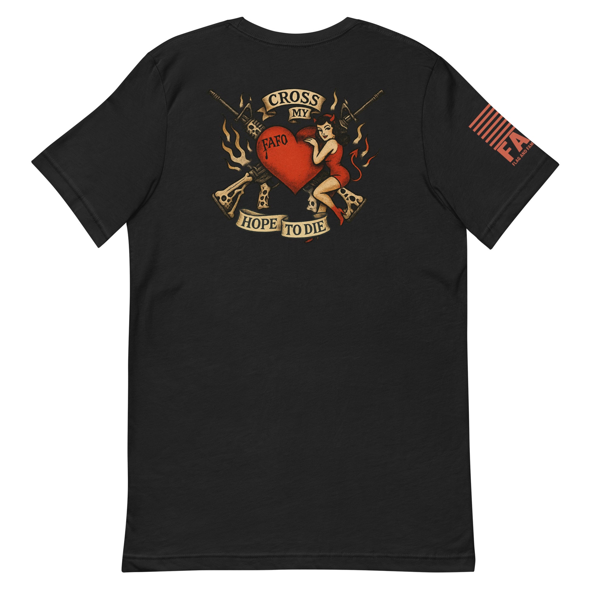 Back of vintage black FAFO shirt — Cross My Heart crossed rifles flames devil girl — FAFO apparel patriotic t shirts