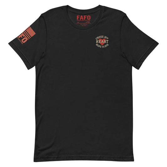 FAFO t shirt in vintage black — Cross My Heart vintage tattoo art graphic FAFO shirts for men
