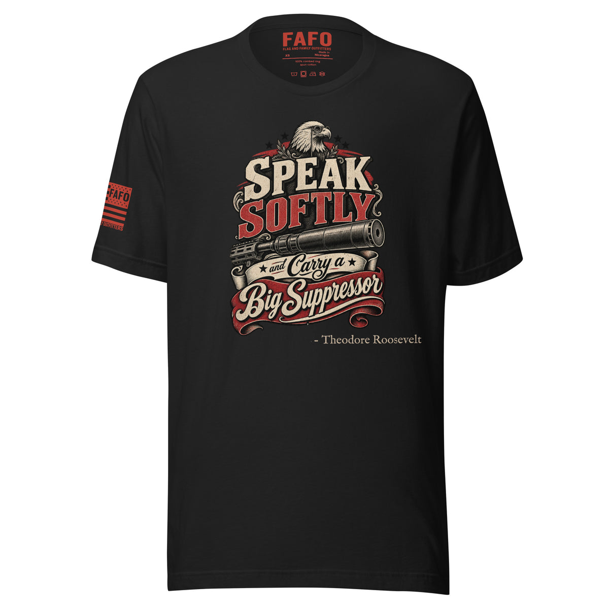 Vintage black Speak Softly tee featuring Theodore Roosevelt-inspired suppressor artwork — fafo t shirts second amendment shirt Flag And Family Outfitters