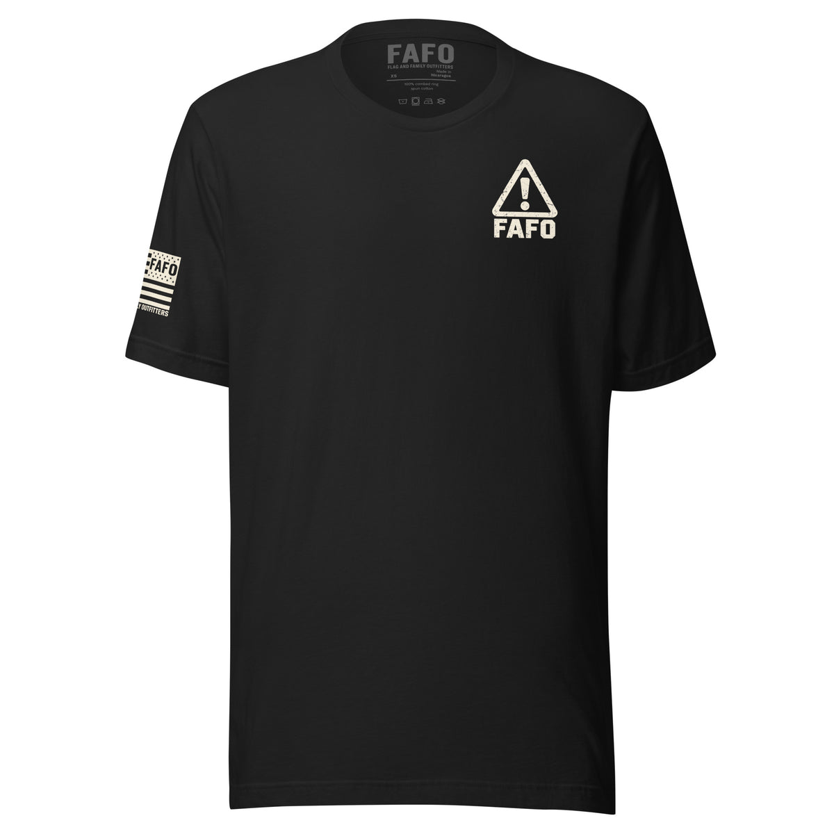 Warning FAFO tee with industrial warning-label back graphic, FAFO chest emblem and Flag And Family Outfitters sleeve branding.