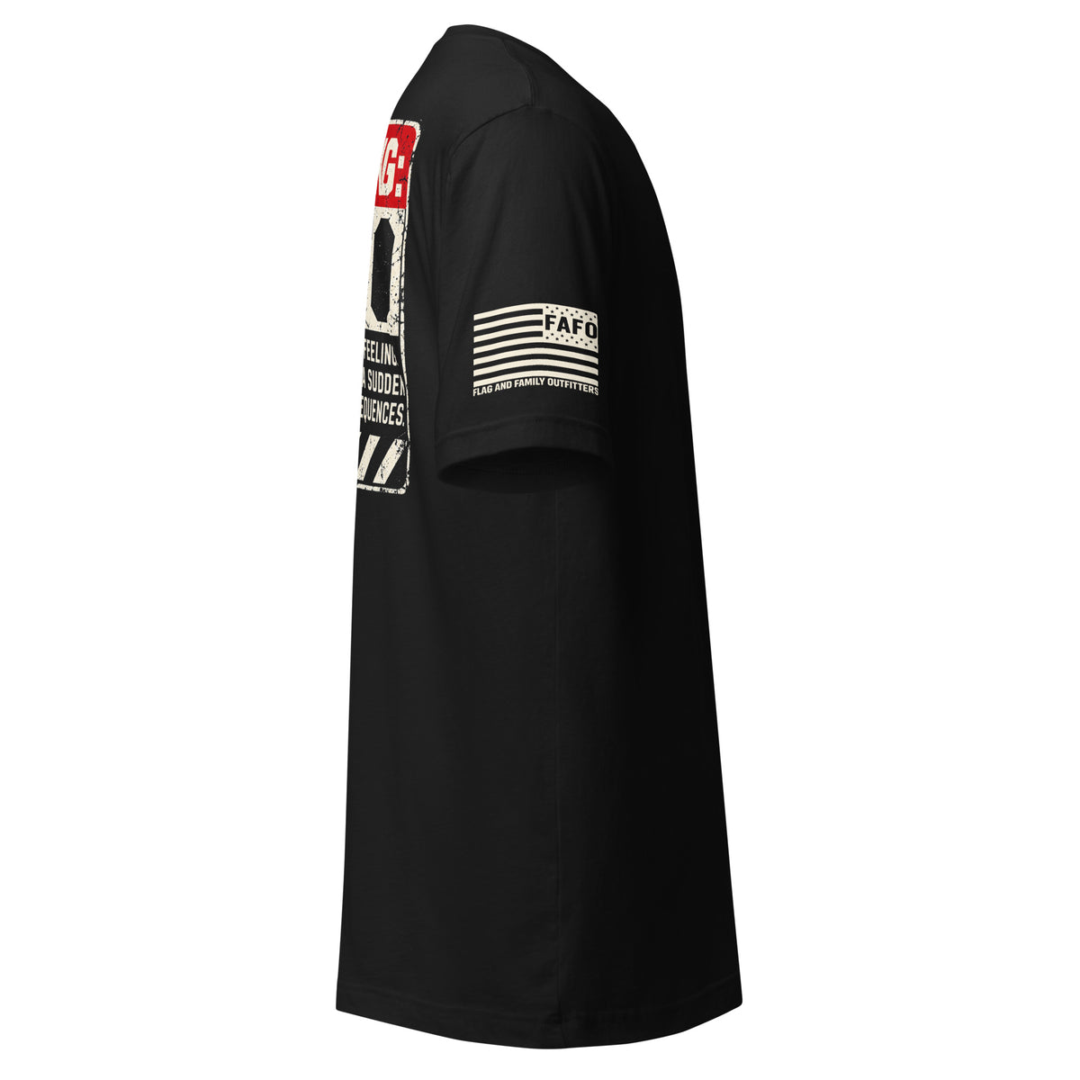 Warning FAFO tee with industrial warning-label back graphic, FAFO chest emblem and Flag And Family Outfitters sleeve branding.