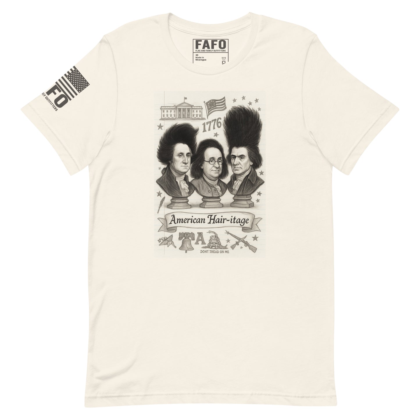 Funny patriotic t shirt in vintage white — American Hair-itage Founding Fathers parody by FAFO patriotic outfitters
