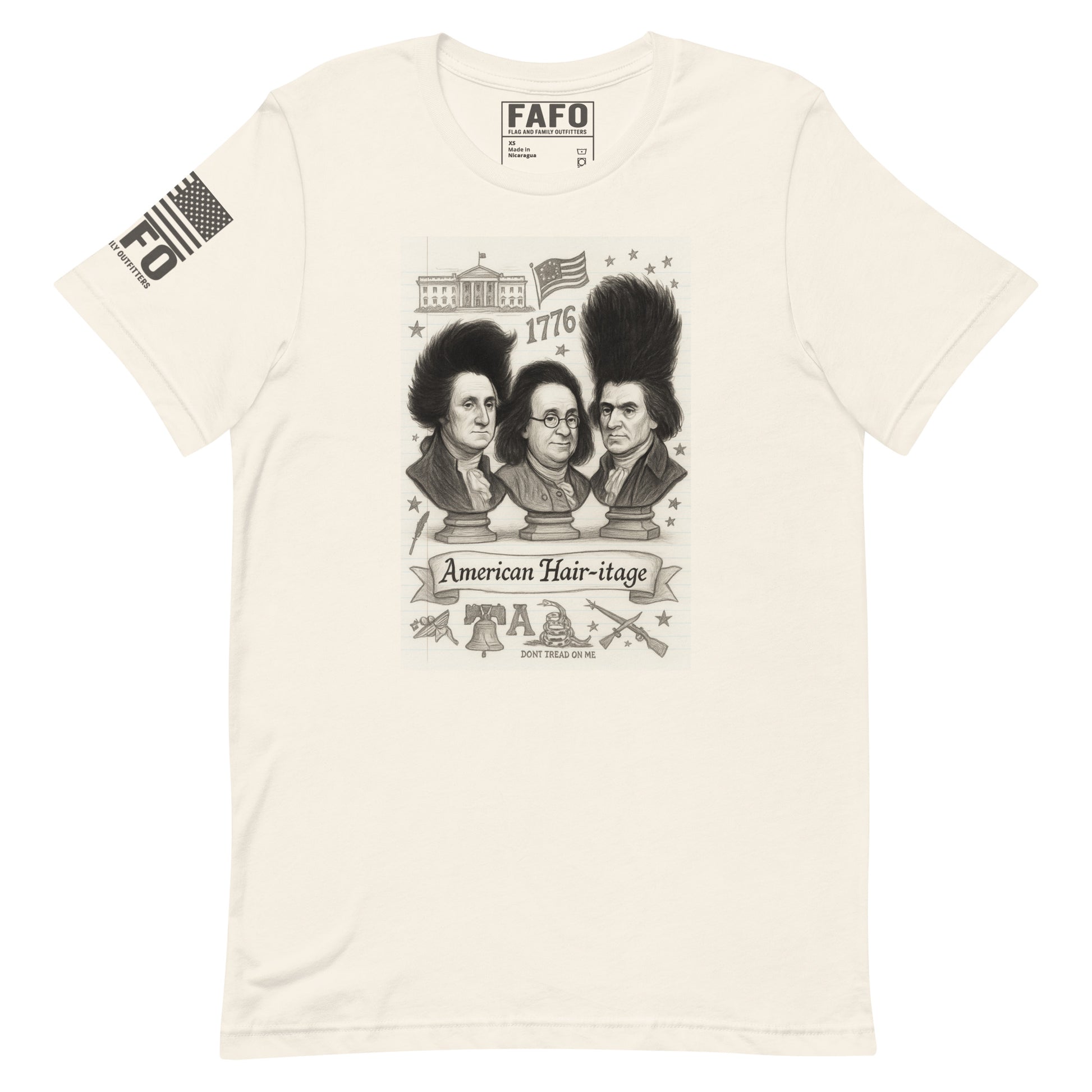 Funny patriotic t shirt in vintage white — American Hair-itage Founding Fathers parody by FAFO patriotic outfitters