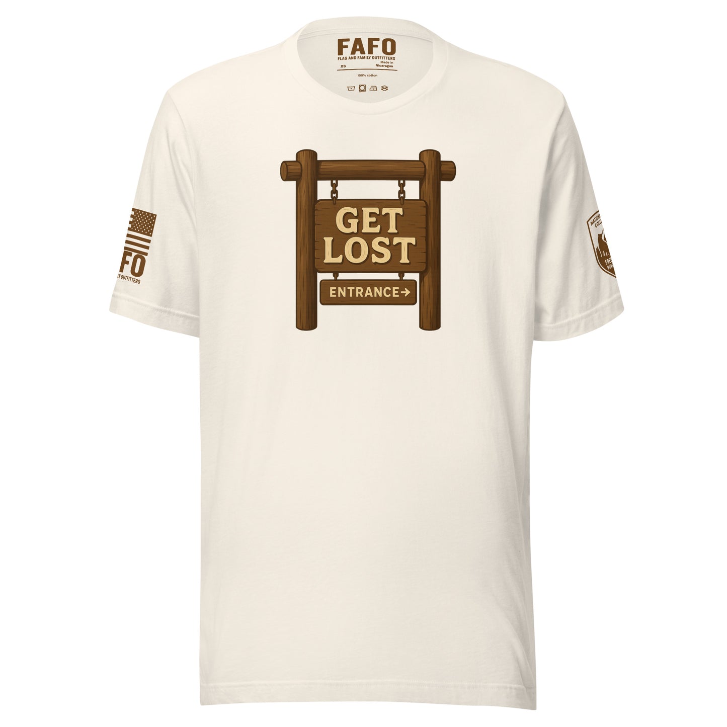 Funny hiking FAFO t shirt in vintage white — Get Lost national park style graphic Freedom Runs Wild patriotic outfitters