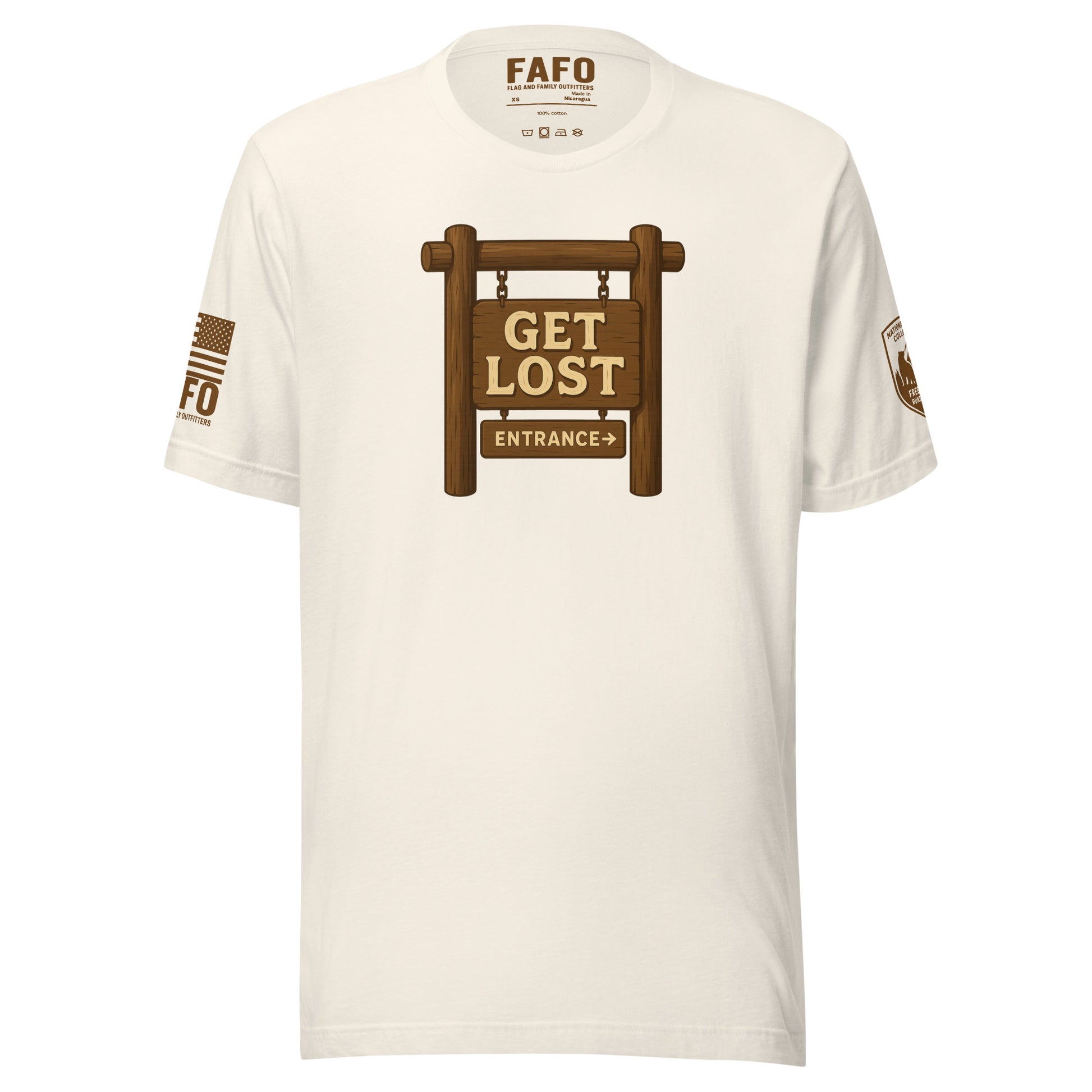Funny hiking FAFO t shirt in vintage white — Get Lost national park style graphic Freedom Runs Wild patriotic outfitters