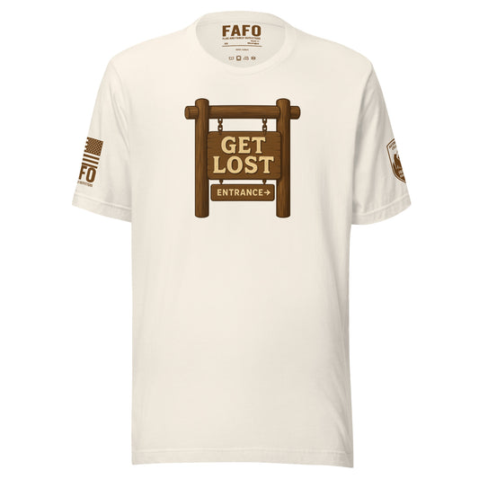 Funny hiking FAFO t shirt in vintage white — Get Lost national park style graphic Freedom Runs Wild patriotic outfitters