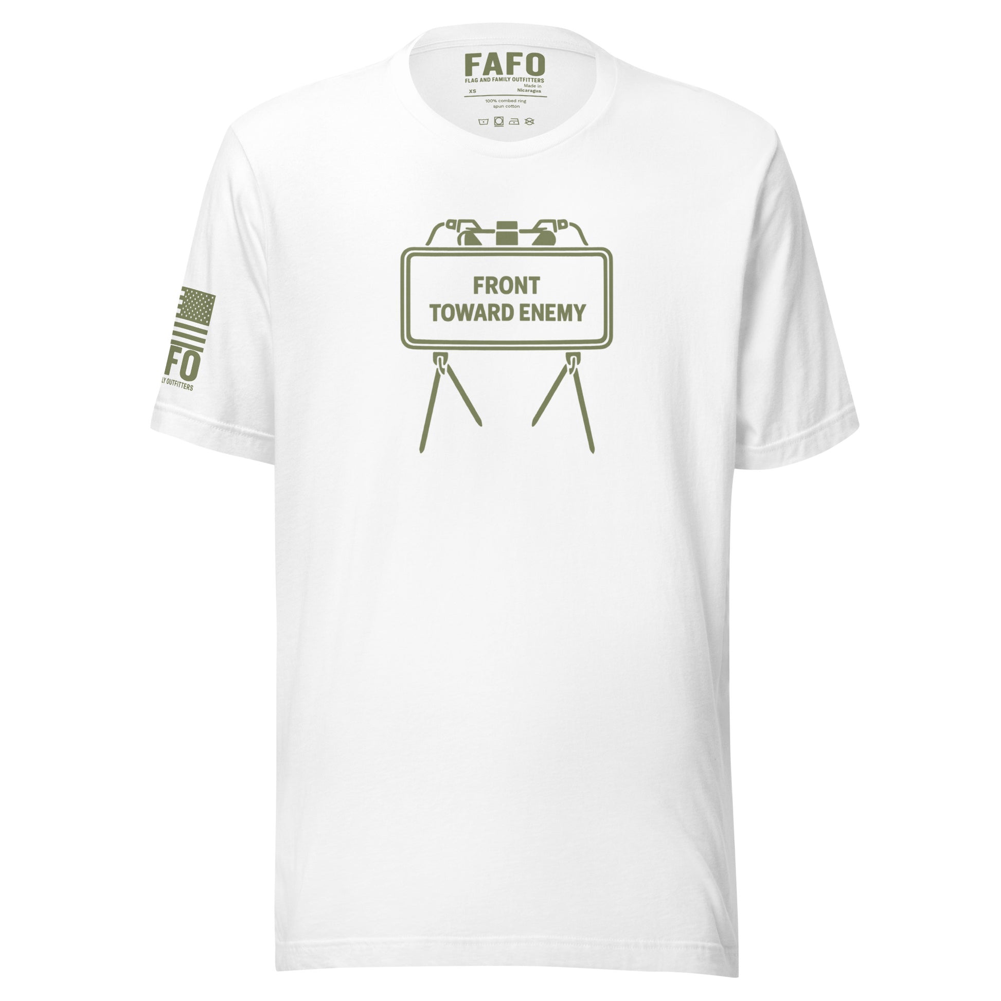 Military humor FAFO t shirt in white — Front Toward Enemy Claymore mine graphic FAFO shirts for men