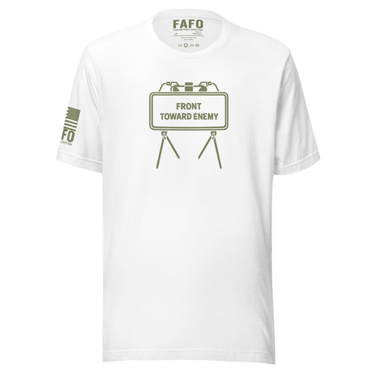 Military humor FAFO t shirt in white — Front Toward Enemy Claymore mine graphic FAFO shirts for men