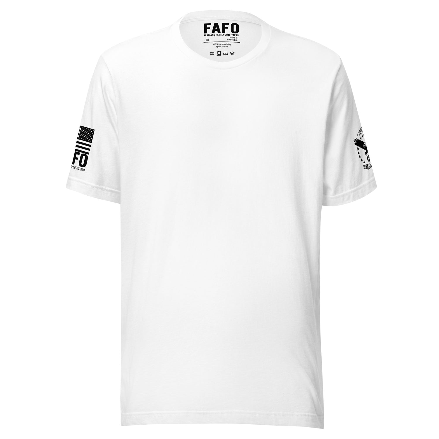 Still FAFO 250th anniversary basic tee in white — patriotic sleeve badge tee flag and family outfitters fafo t shirts
