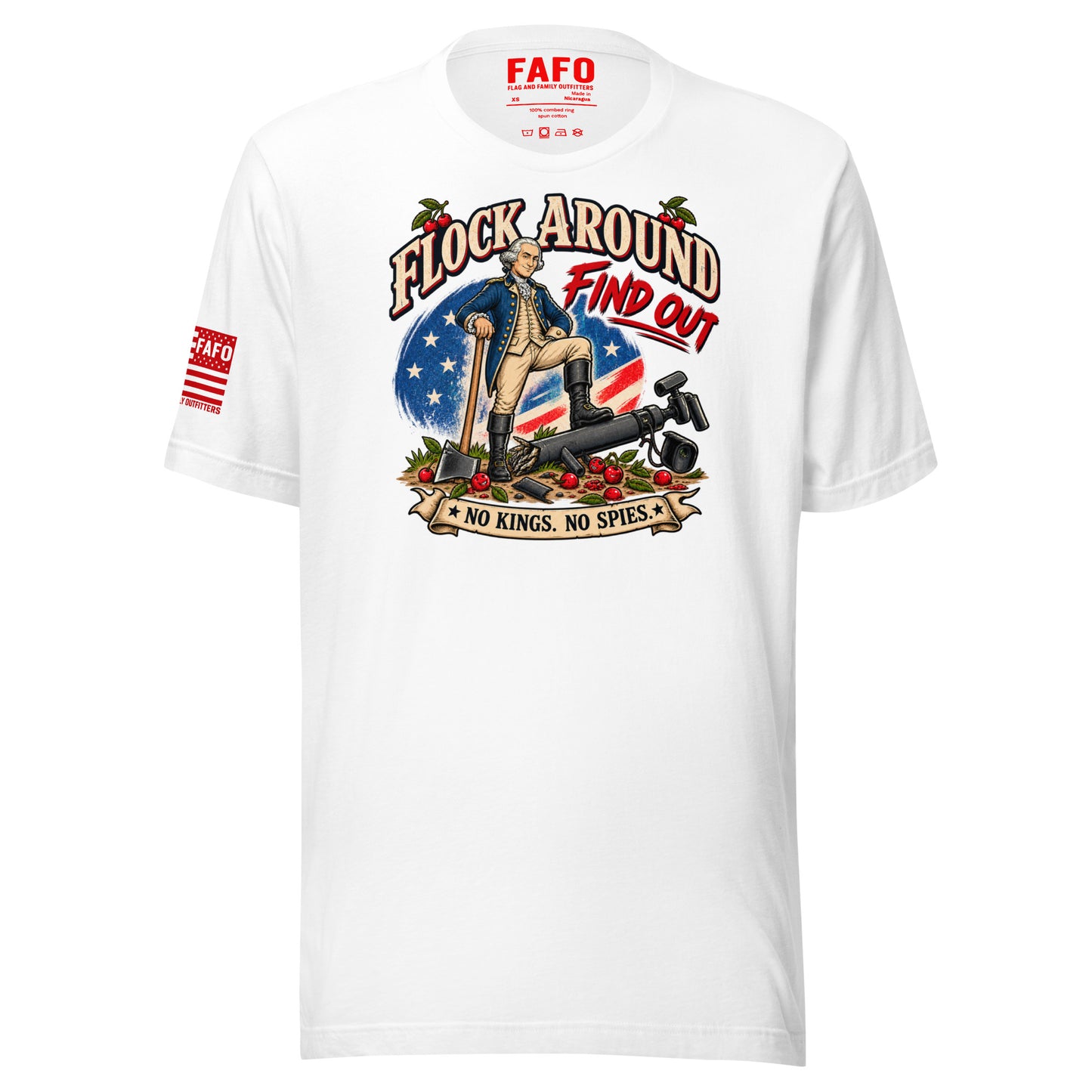 White Flock Around Find Out Tee with George Washington cutting down a surveillance camera pole — FAFO t shirts George Washington shirt Flag And Family Outfitters
