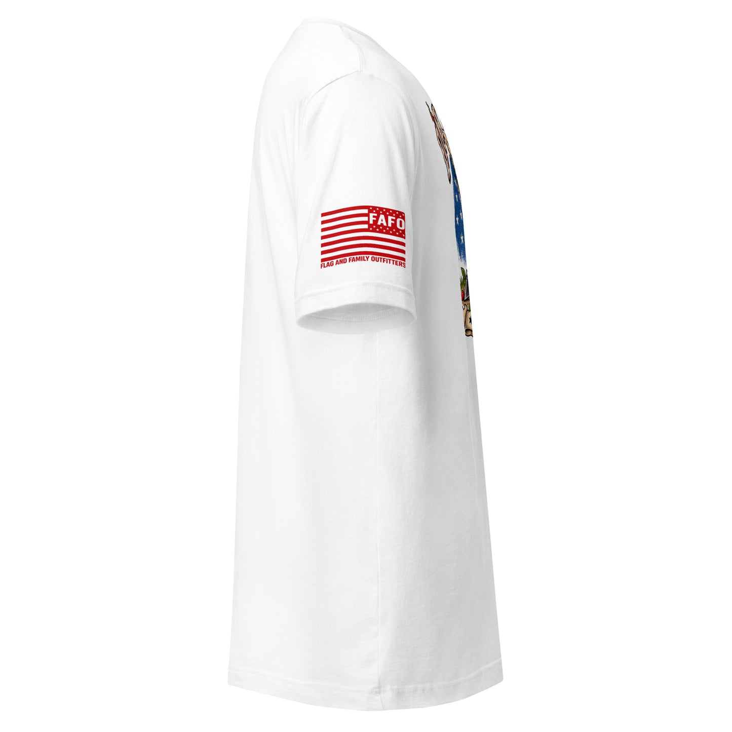 White Flock Around Find Out Tee with George Washington cutting down a surveillance camera pole — FAFO t shirts George Washington shirt Flag And Family Outfitters