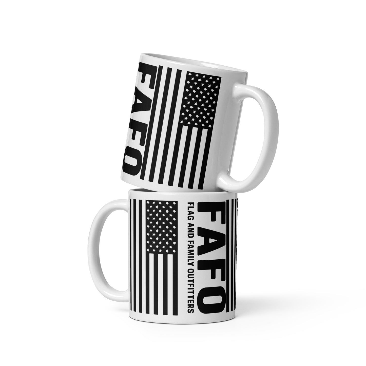 FAFO Flag Mug in white 11 oz with American flag wrap graphic — fafo gear fafo merchandise flag and family outfitters