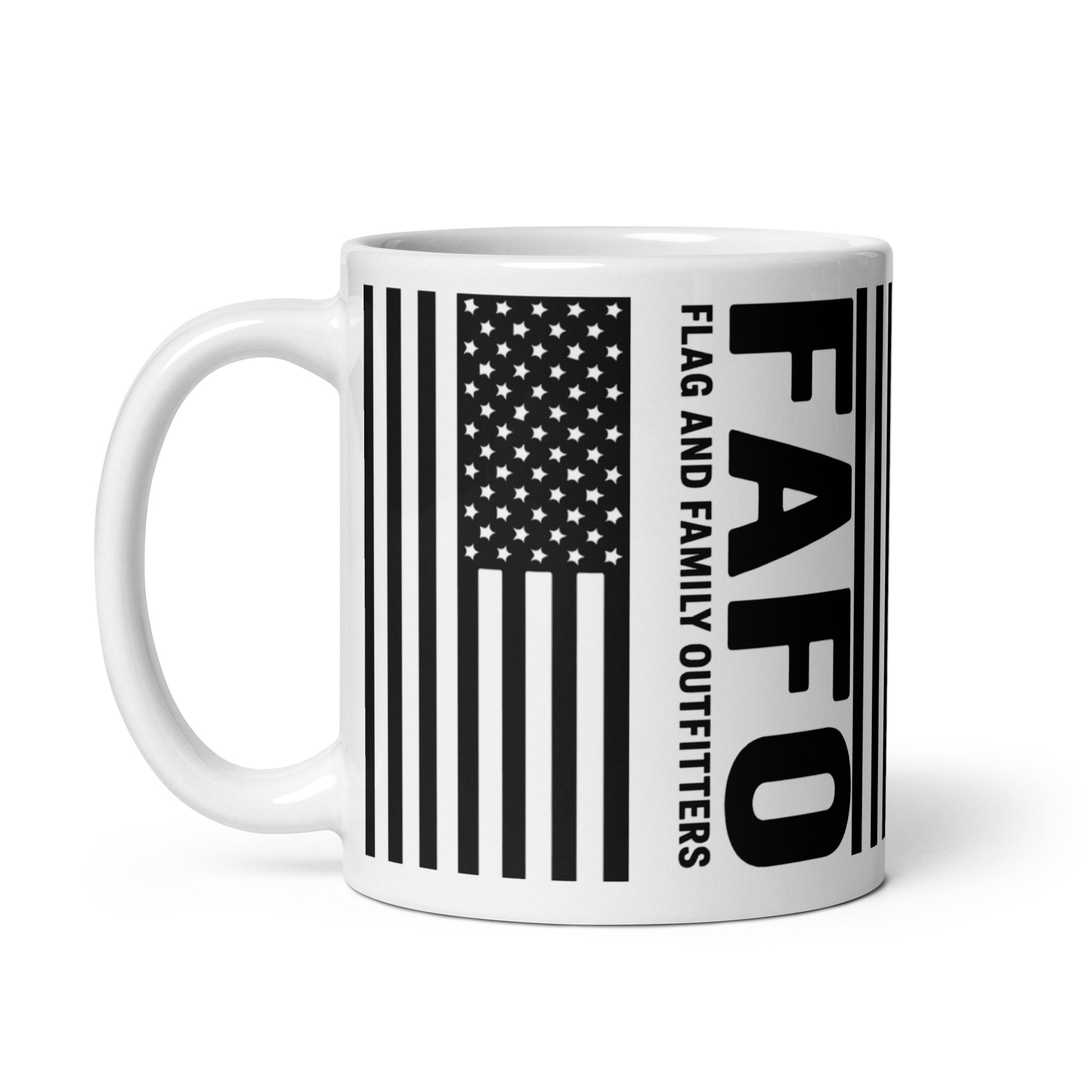 Close-up of FAFO flag wrap print on white ceramic mug — fafo logo patriotic accessories patriotic outfitters