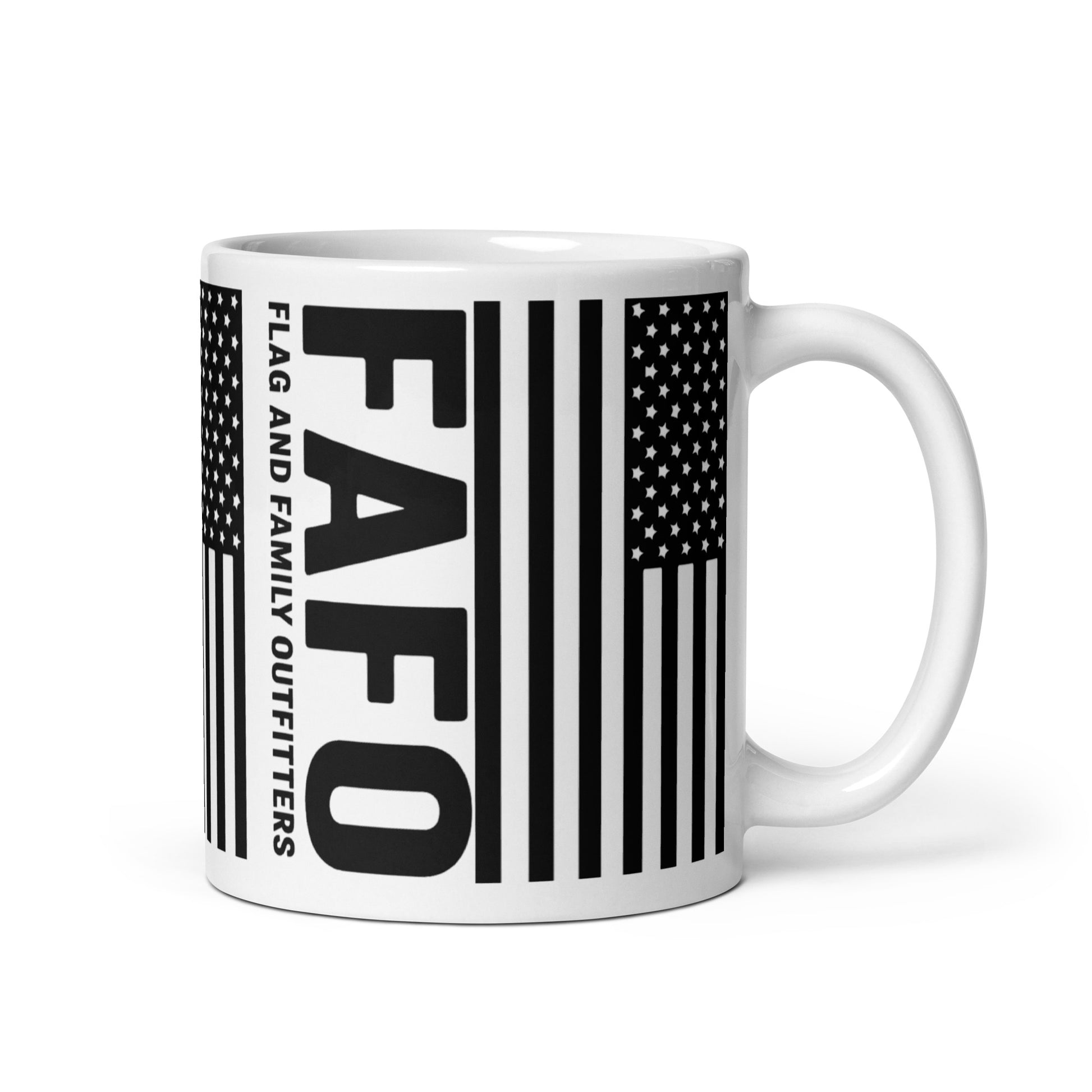 Close-up of FAFO flag wrap print on white ceramic mug — fafo logo patriotic accessories patriotic outfitters