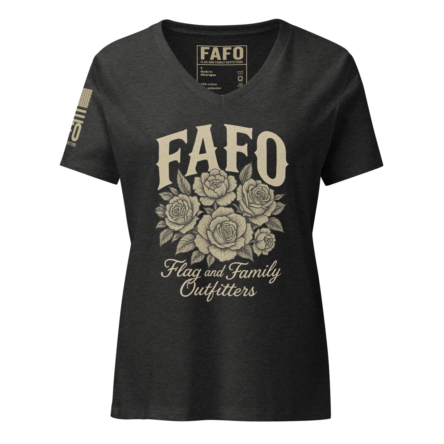 FAFO floral womens v-neck t shirt in dark gray heather — FAFO apparel patriotic shirts women patriotic clothes for women