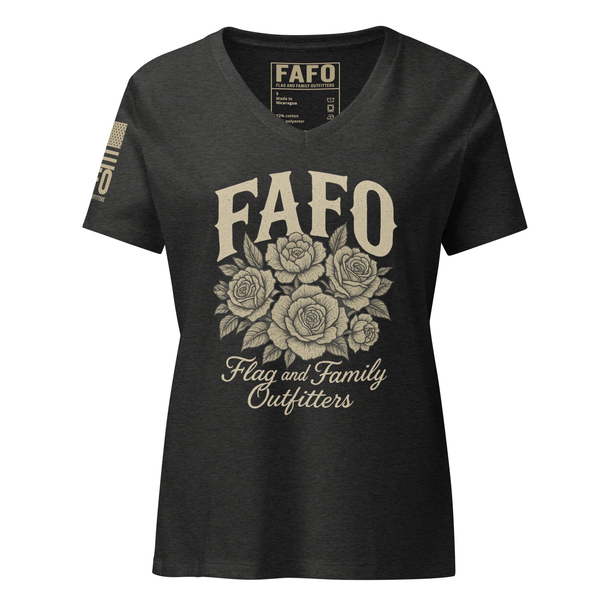 FAFO floral womens v-neck t shirt in dark gray heather — FAFO apparel patriotic shirts women patriotic clothes for women