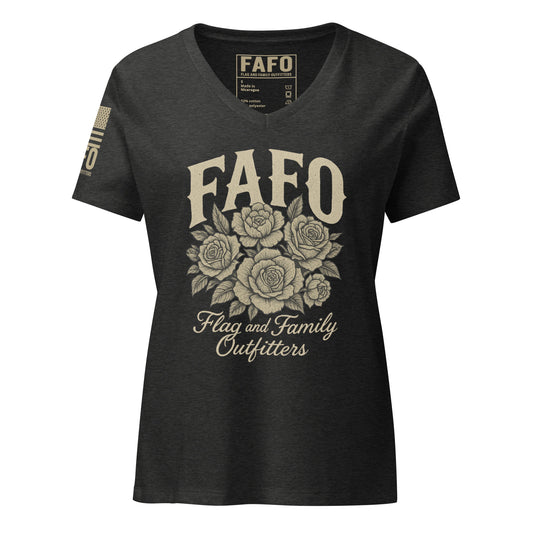 FAFO floral womens v-neck t shirt in dark gray heather — FAFO apparel patriotic shirts women patriotic clothes for women