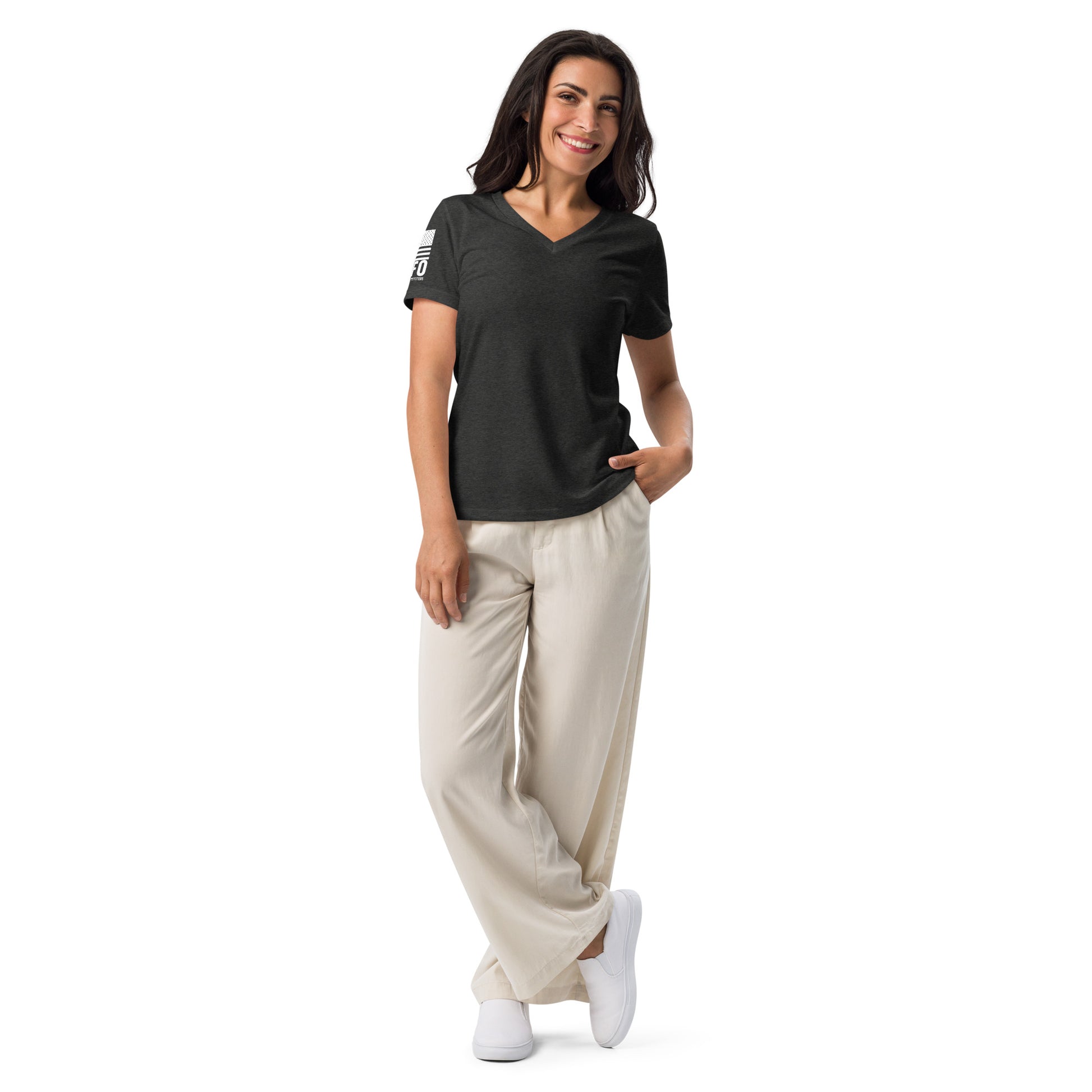 FAFO Basic Women's V-Neck Tee in dark grey heather — patriotic shirts women relaxed fit womens v-neck tee flag and family outfitters