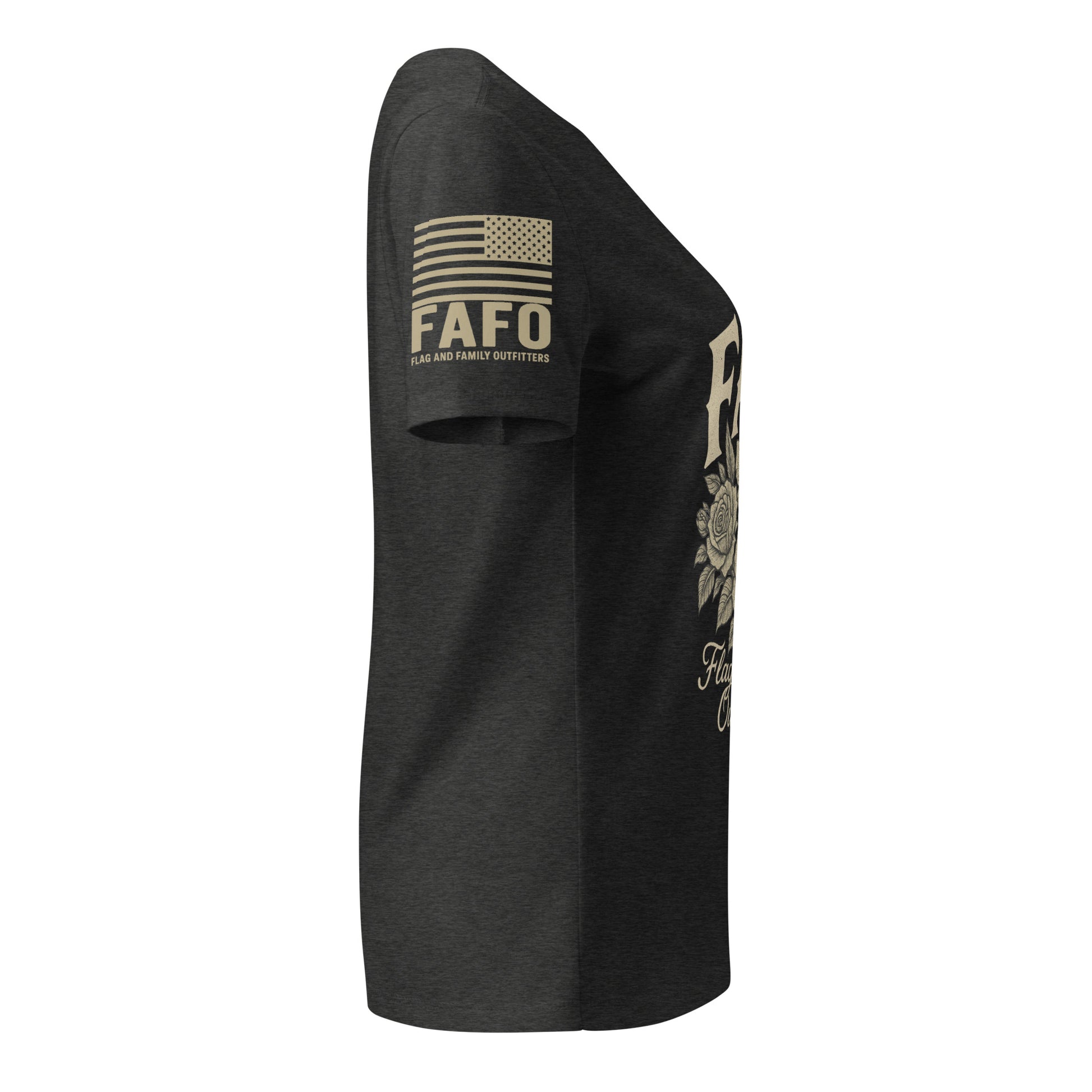 Back of dark gray heather FAFO floral womens tee — FAFO apparel patriotic shirts women