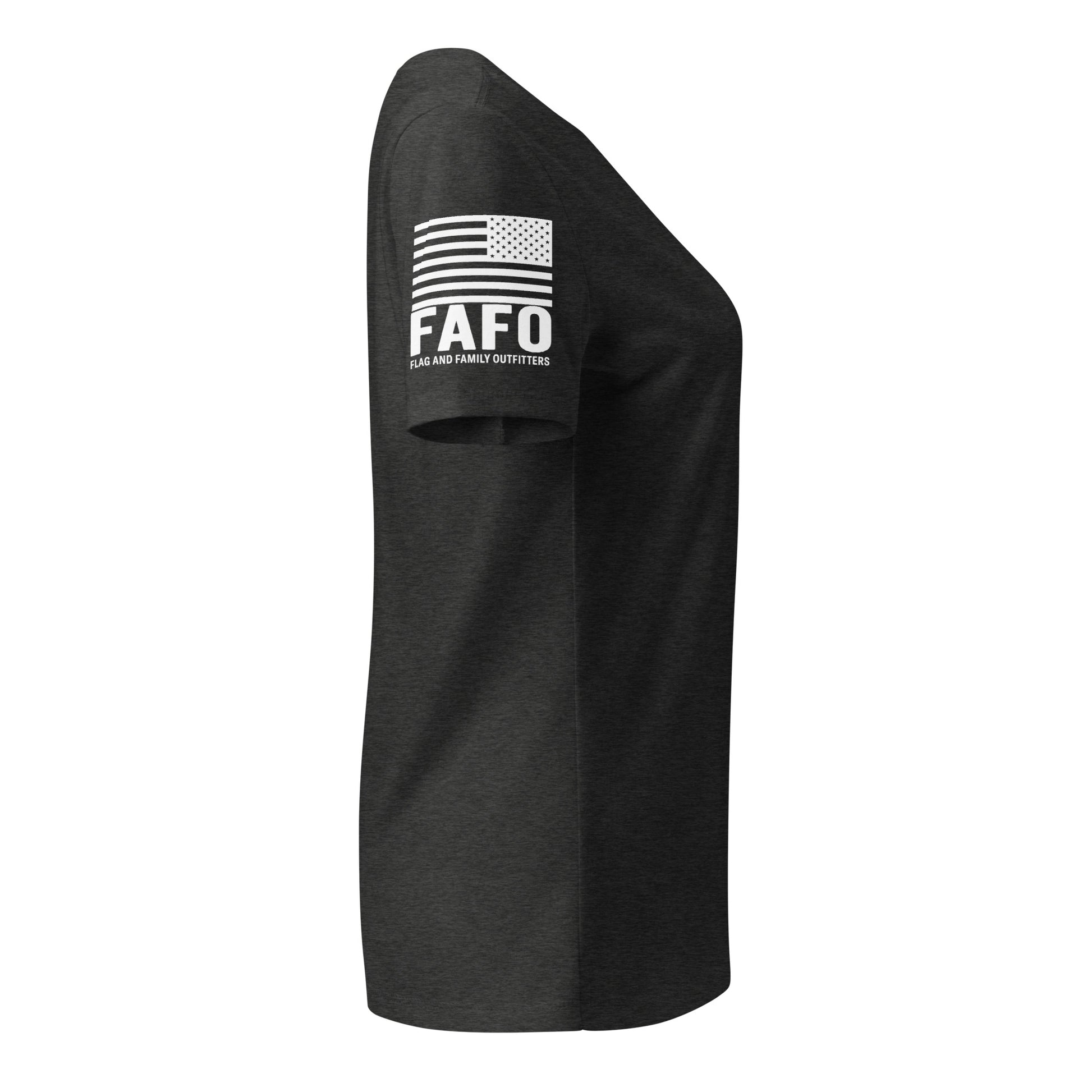FAFO flag sleeve graphic on dark grey heather women's v-neck tee — fafo apparel patriotic outfitters