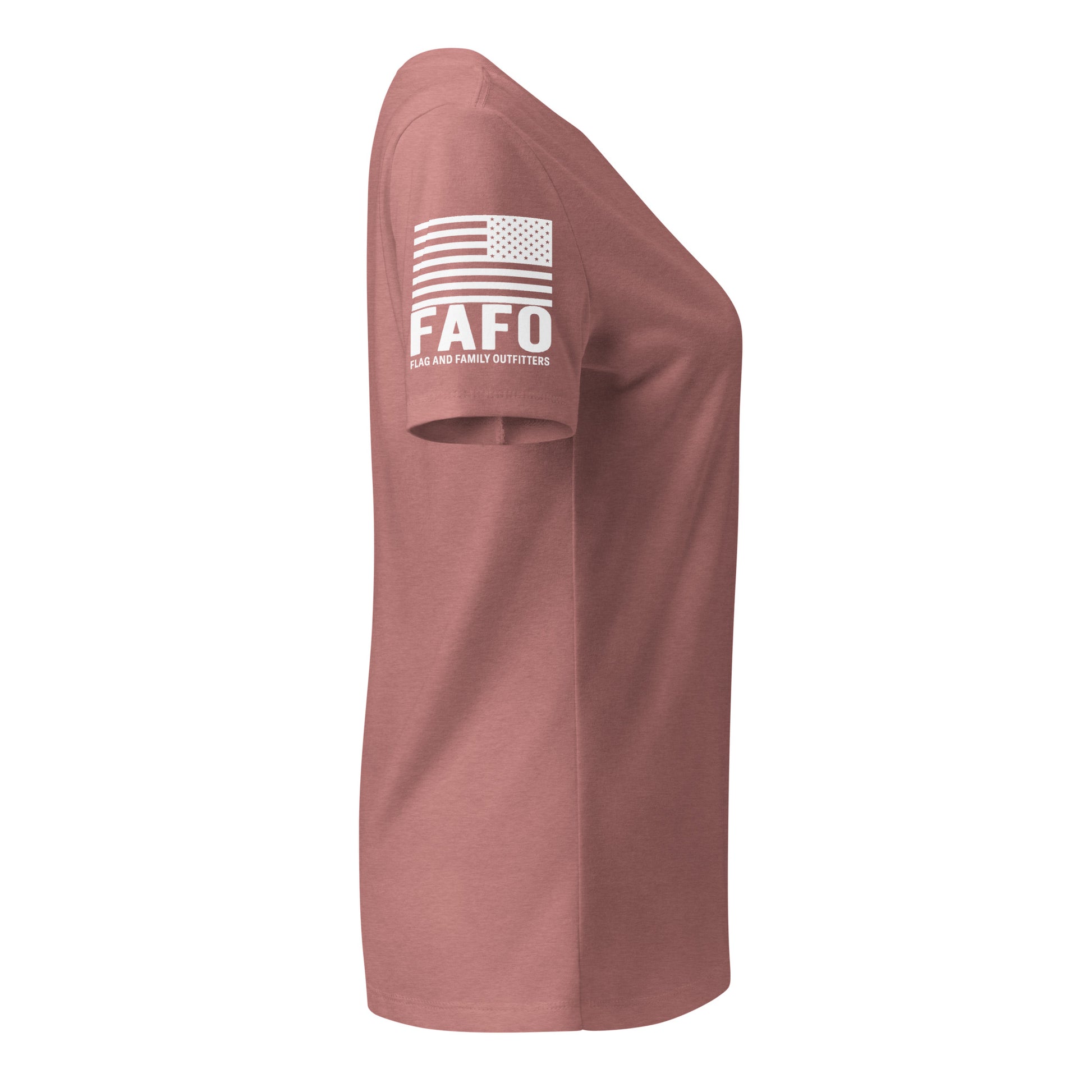 FAFO flag sleeve graphic on heather mauve women's v-neck tee — fafo apparel patriotic outfitters