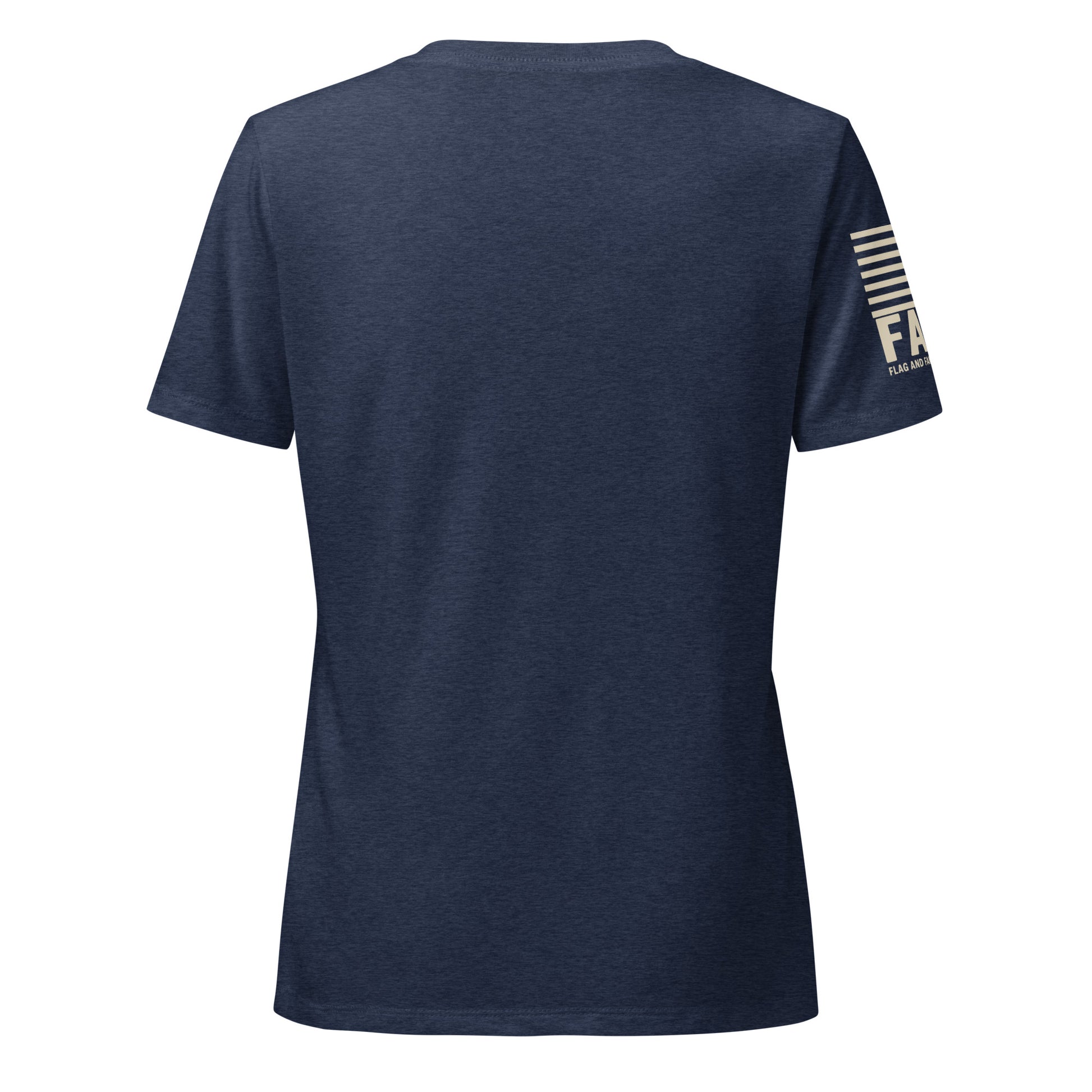 Back of heather navy FAFO Wander Woman womens tee — hiking shirt women patriotic clothes for women