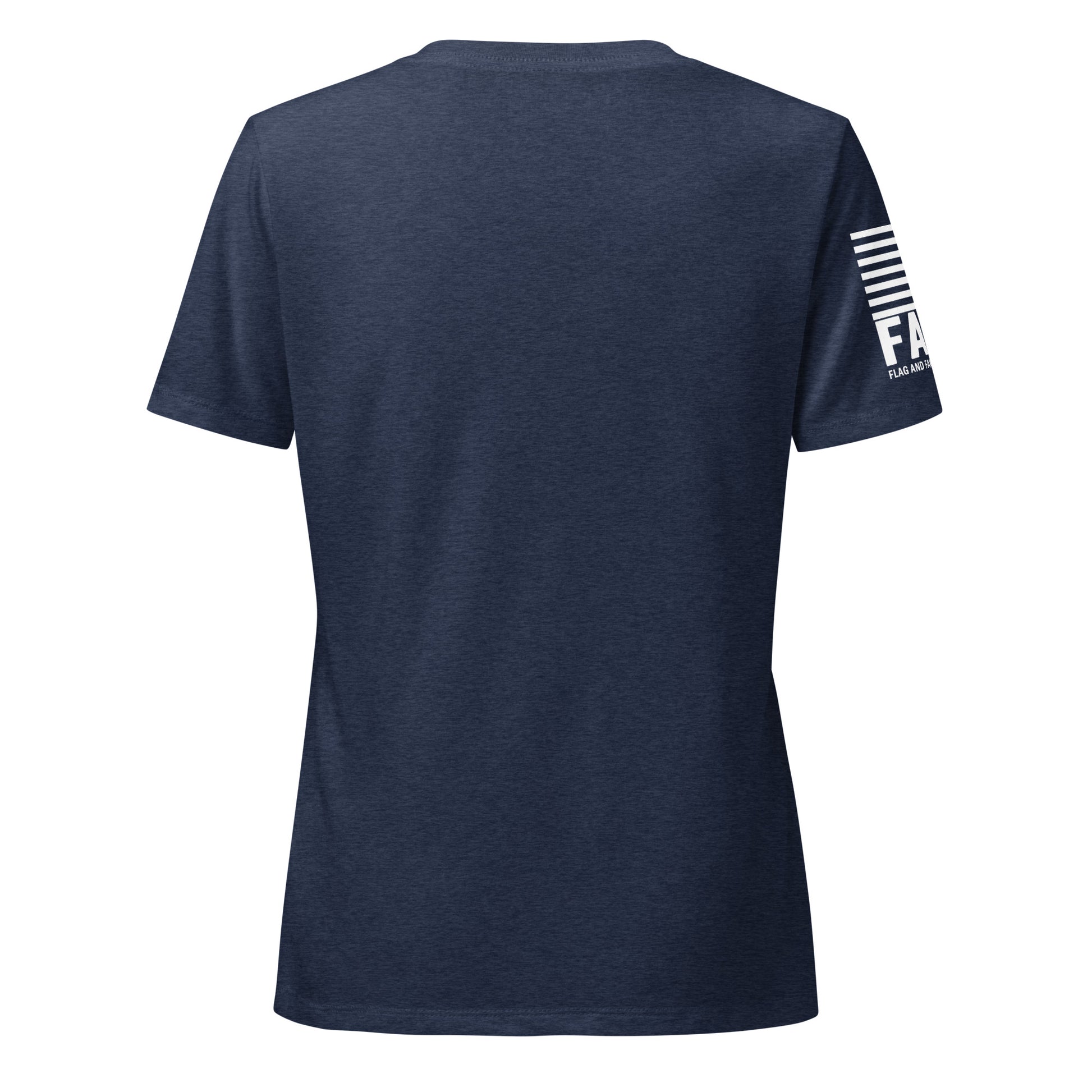 Back view of FAFO Basic Women's V-Neck in heather navy — womens patriotic clothing flag and family outfitters