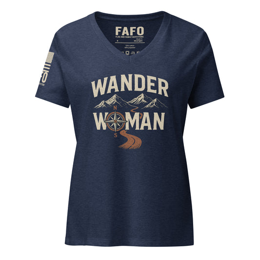 Womens hiking FAFO t shirt in heather navy — Wander Woman mountain compass graphic patriotic shirts women FAFO apparel