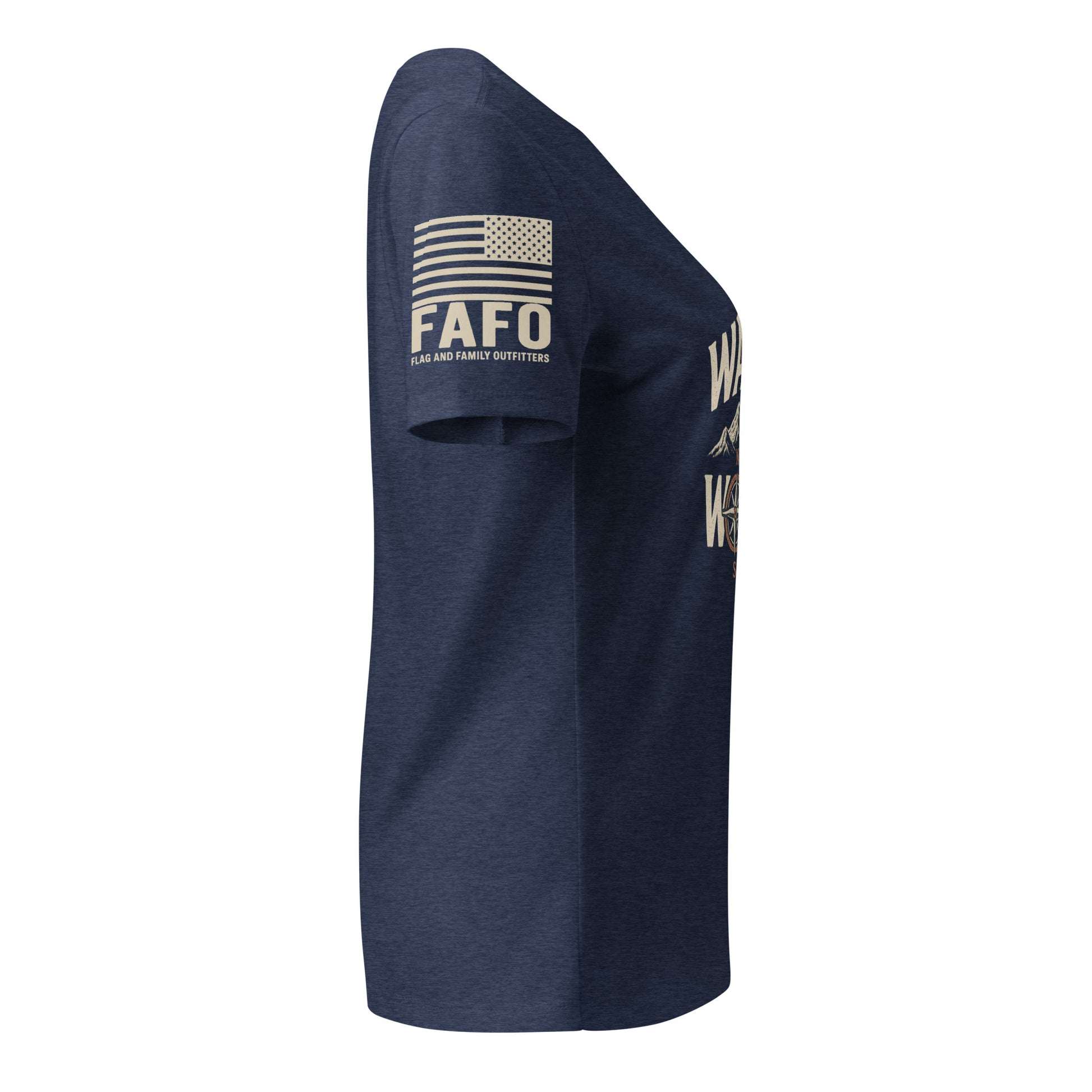 Woman wearing FAFO Wander Woman heather navy v-neck tee — womens hiking shirt patriotic clothes for women