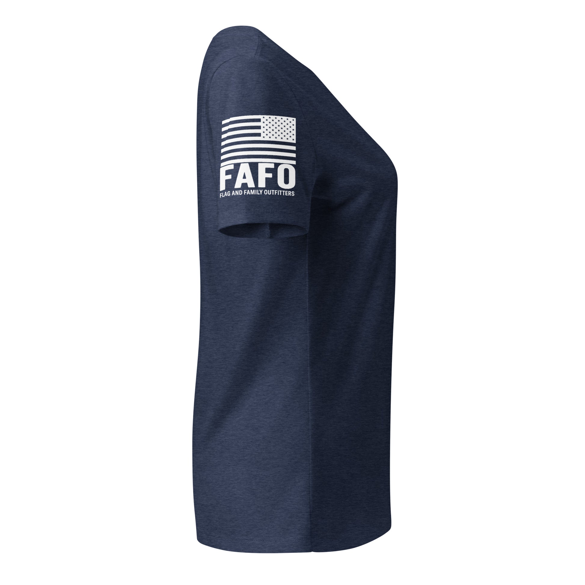 FAFO flag sleeve graphic on heather navy women's v-neck tee — fafo apparel patriotic outfitters