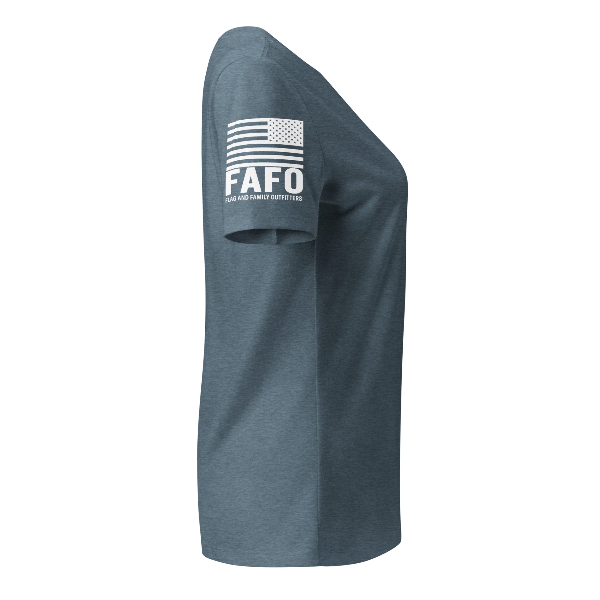 FAFO flag sleeve graphic on heather slate women's v-neck tee — fafo apparel patriotic outfitters