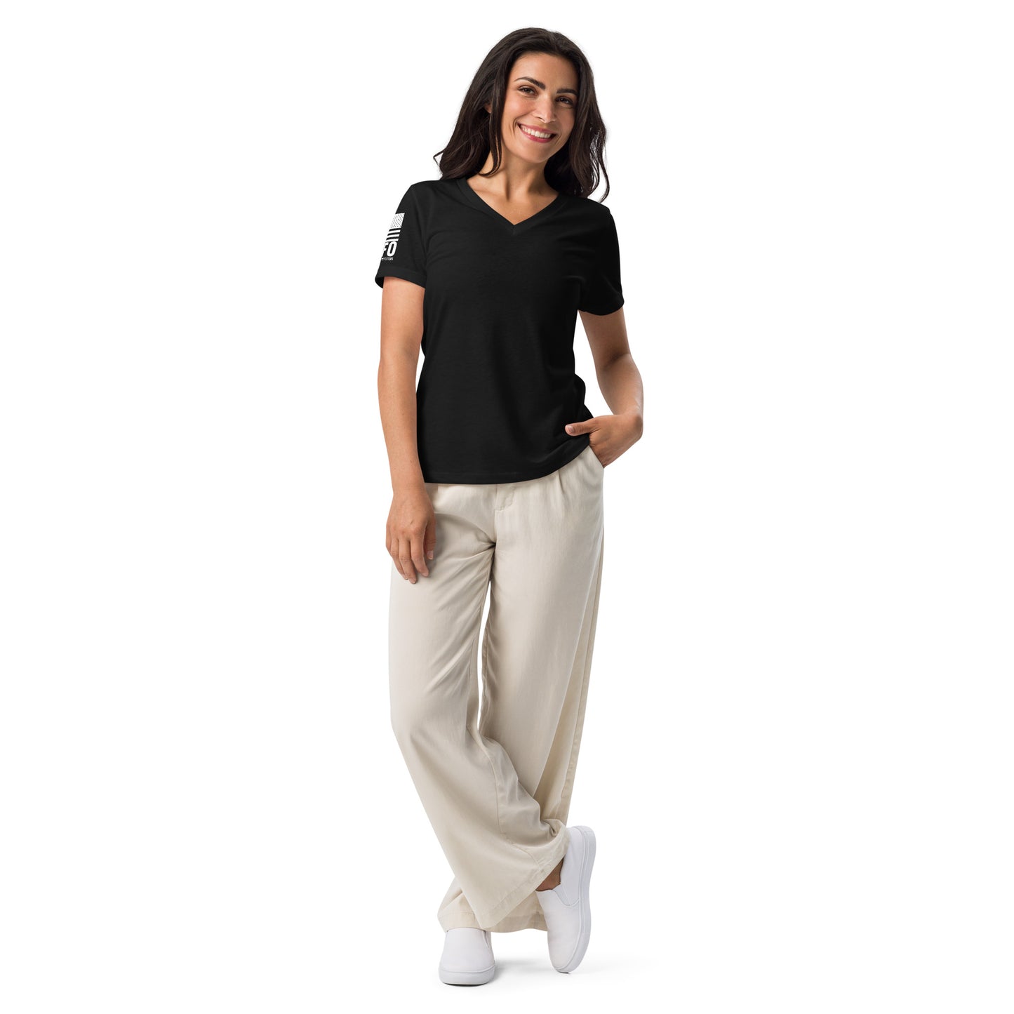 FAFO Basic Women's V-Neck Tee in solid black blend — patriotic shirts women relaxed fit womens v-neck tee flag and family outfitters